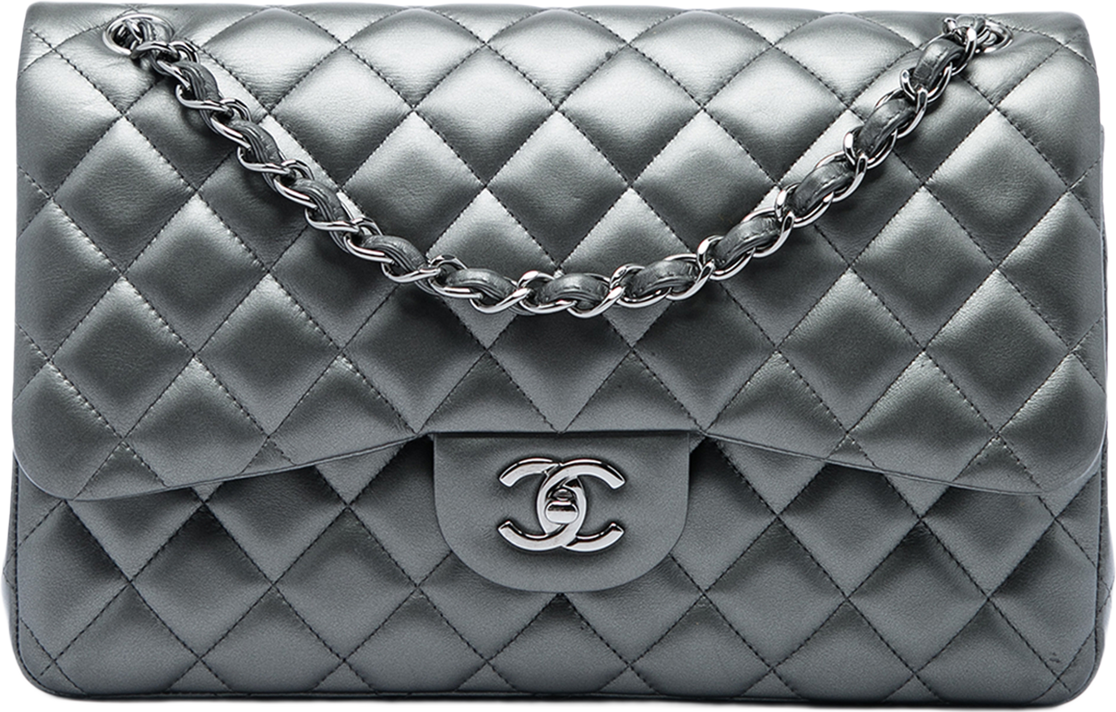 Chanel Jumbo Classic Metallic Lambskin Double Flap, från Luxclusif, i färgen grå. Klicka för att öppna bilden i stort format