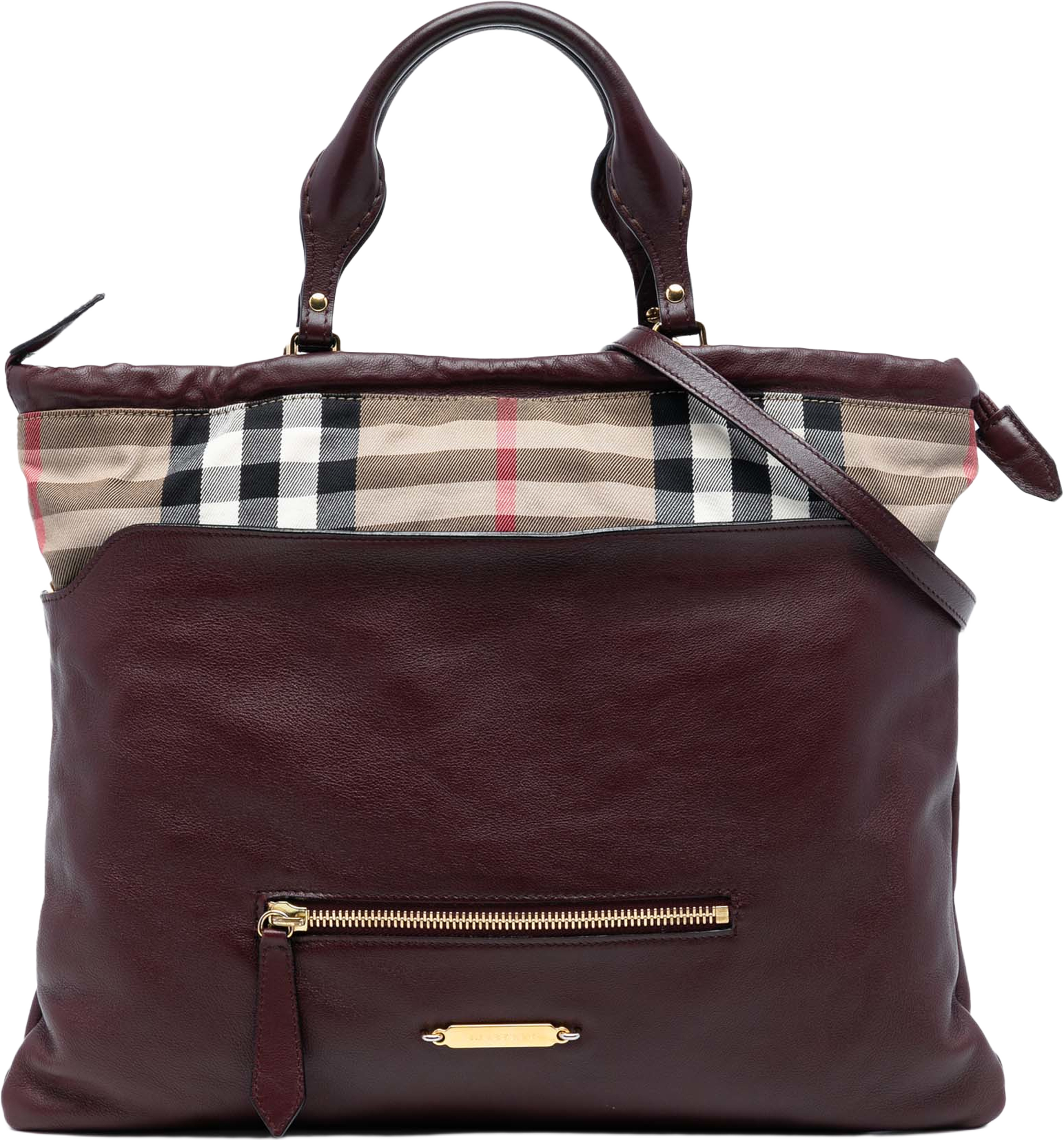 Burberry House Check Trimmed Leather Big Crush Convertible Tote, från Luxclusif, i färgen bordeaux. Klicka för att öppna bilden i stort format