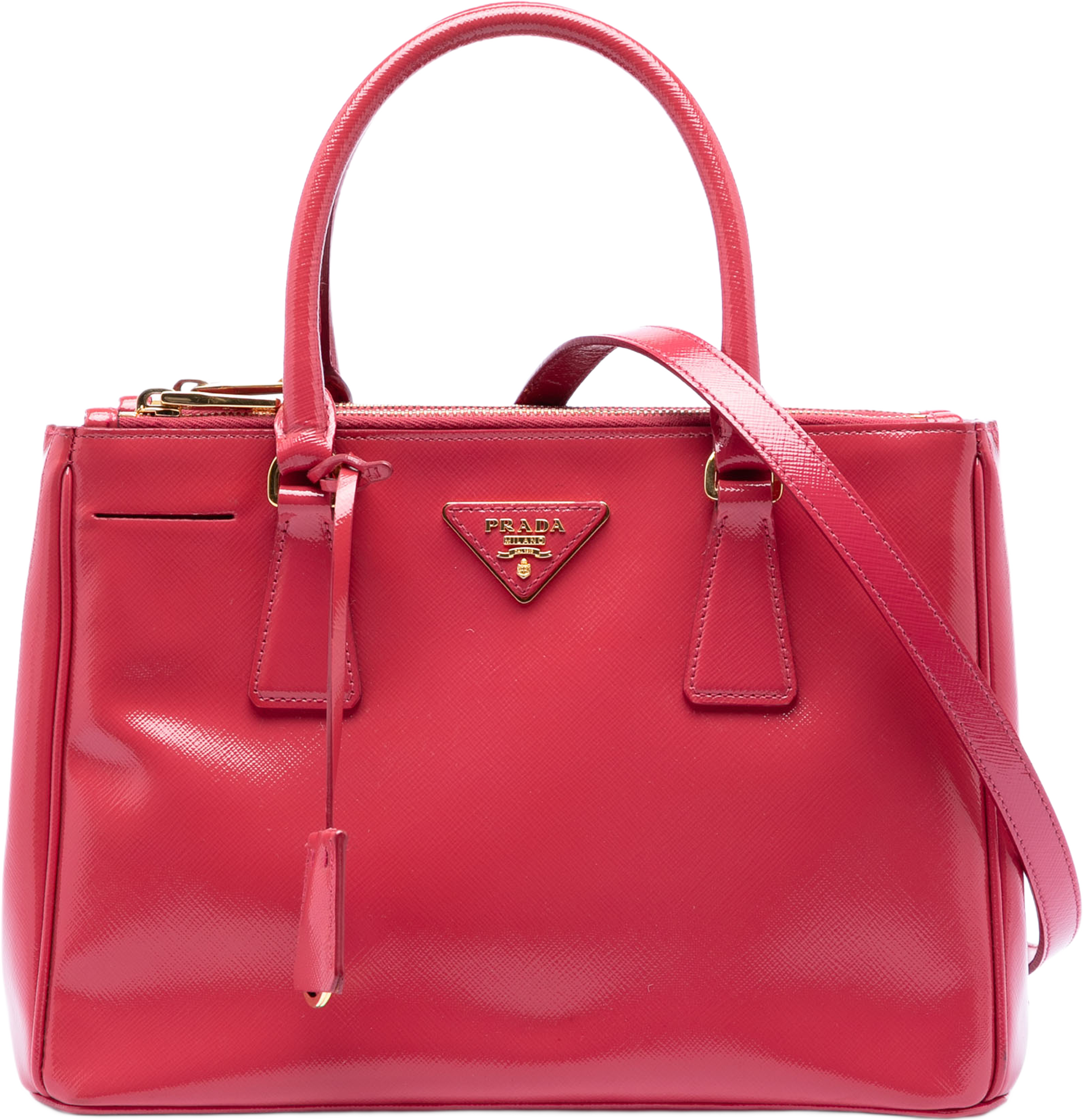 Prada Small Saffiano Vernice Galleria Double Zip Satchel, från Luxclusif, i färgen strawberry. Klicka för att öppna bilden i stort format