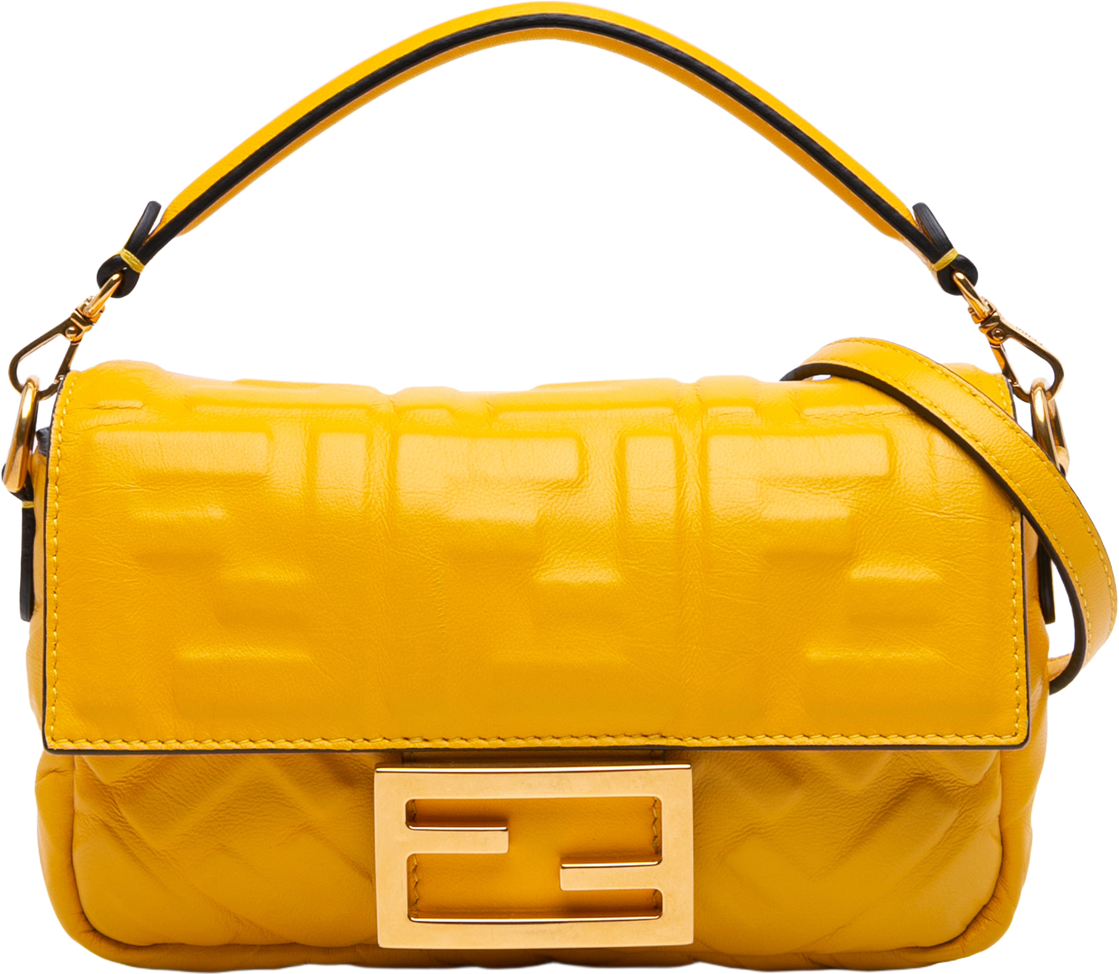 Fendi Mini Zucca Embossed Leather Baguette Satchel, från Luxclusif, i färgen mustard. Klicka för att öppna bilden i stort format