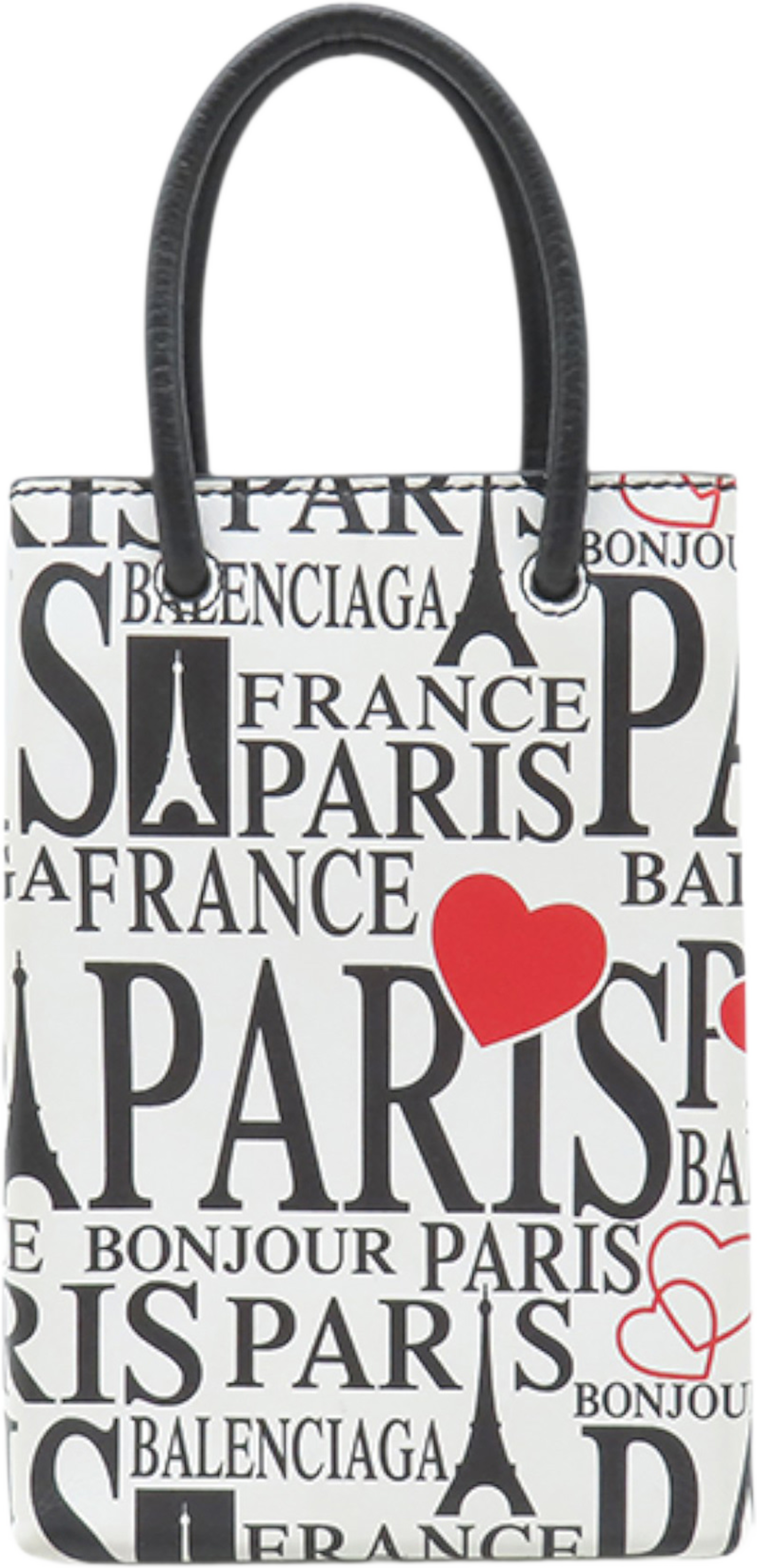 Balenciaga Mini Calfskin Bonjour Paris Shopping Phone Holder, från Luxclusif, i färgen white. Klicka för att öppna bilden i stort format