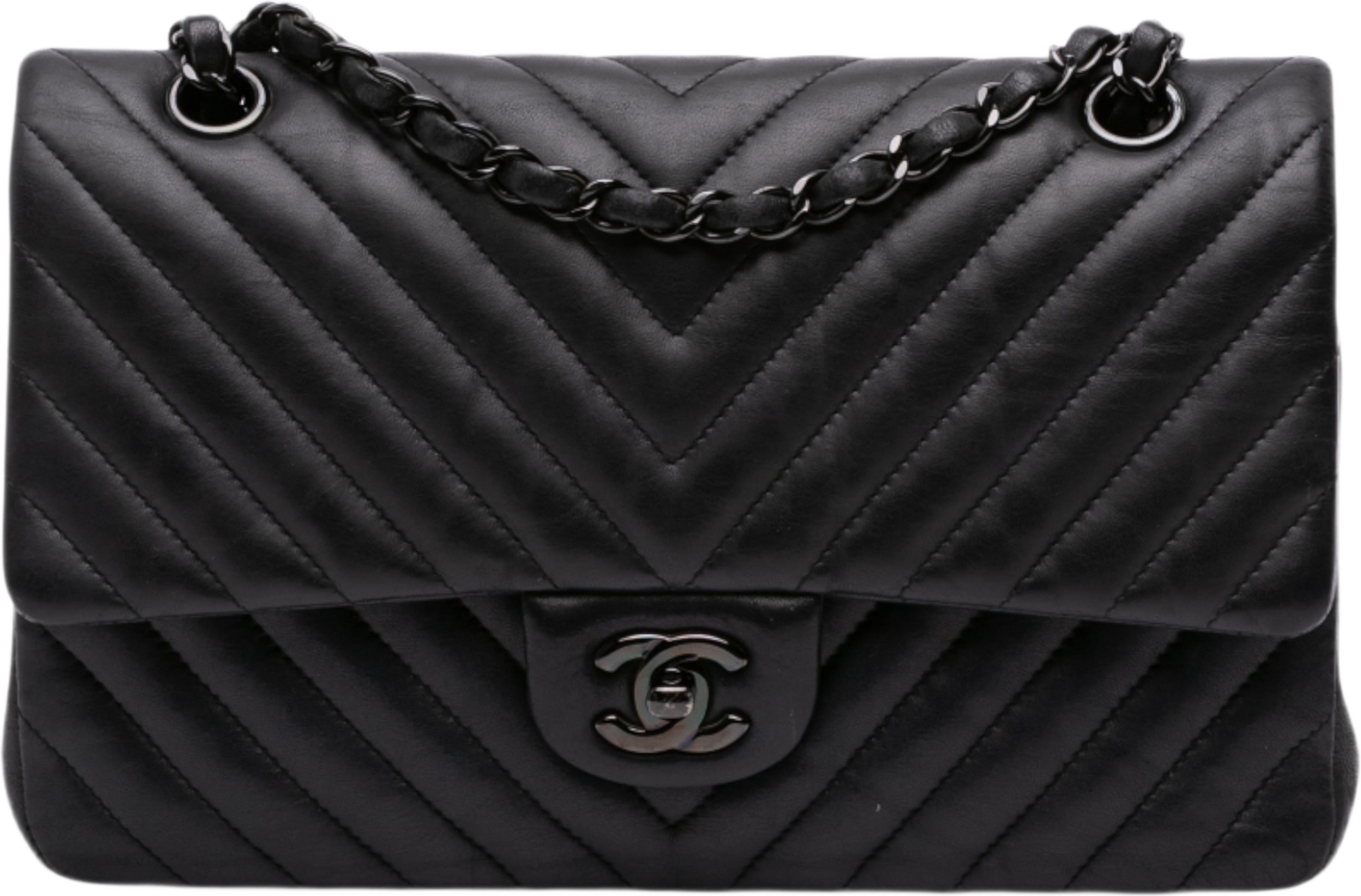 Chanel Medium Classic Chevron Lambskin So Black Double Flap, från Luxclusif, i färgen svart. Klicka för att öppna bilden i stort format