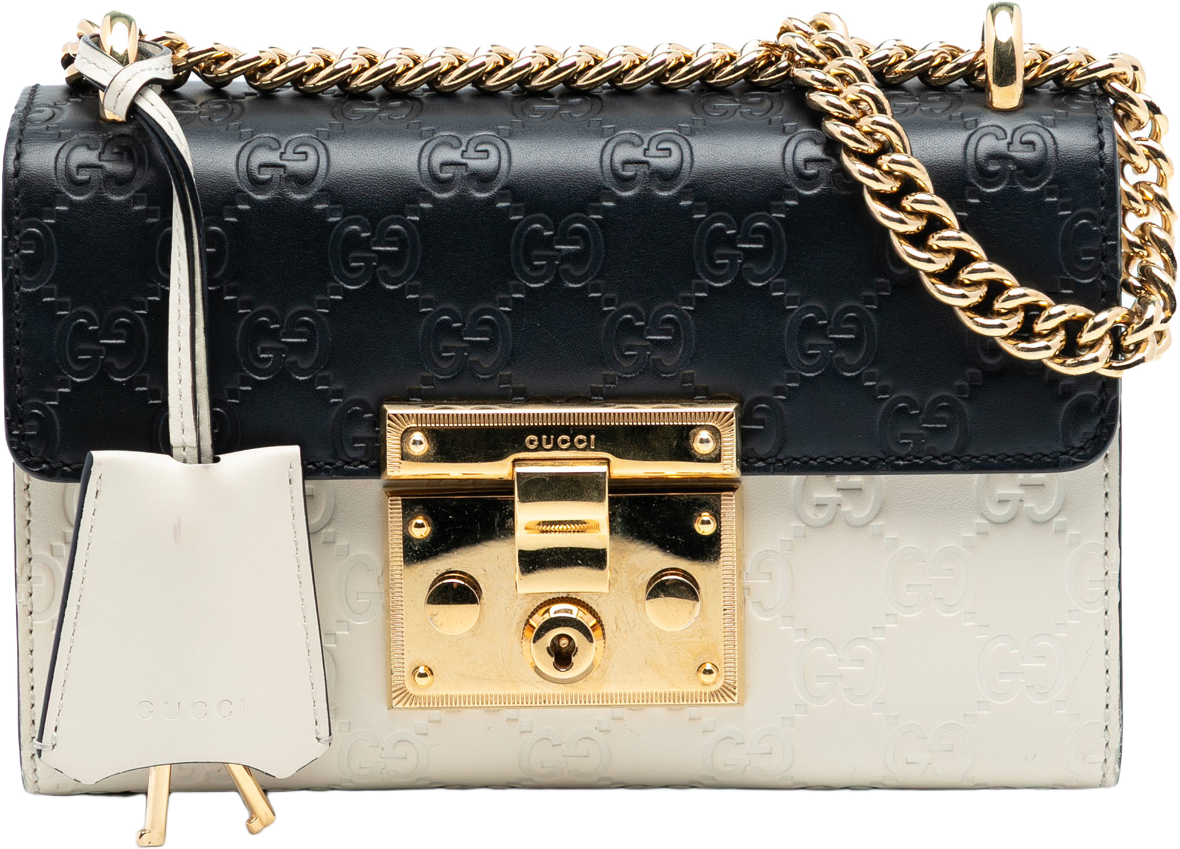 Gucci Small Guccissima Padlock Shoulder Bag, från Luxclusif, i färgen beige. Klicka för att öppna bilden i stort format