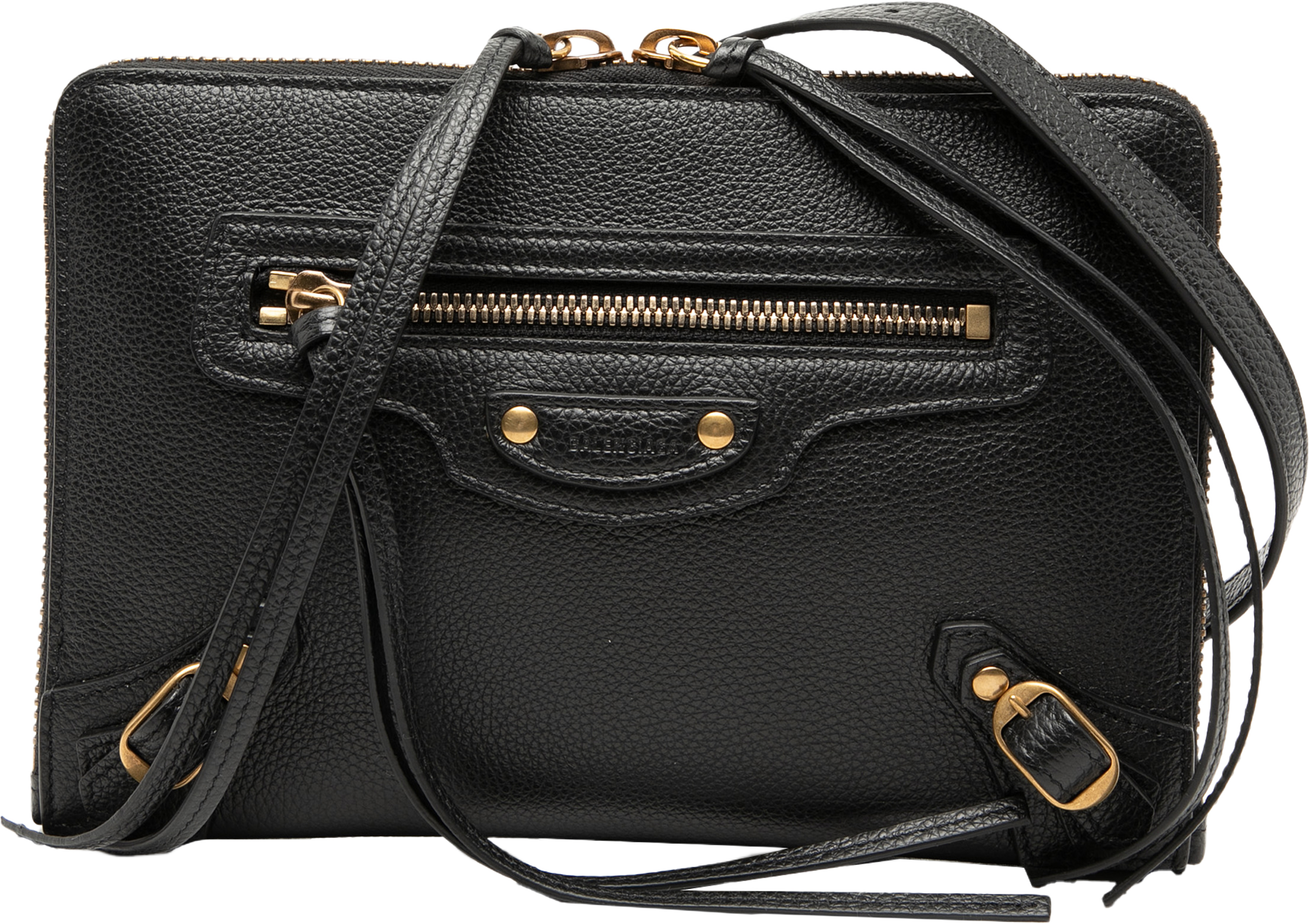 Balenciaga Pebbled Leather Neo Classic City Pouch Crossbody, från Luxclusif, i färgen black. Klicka för att öppna bilden i stort format