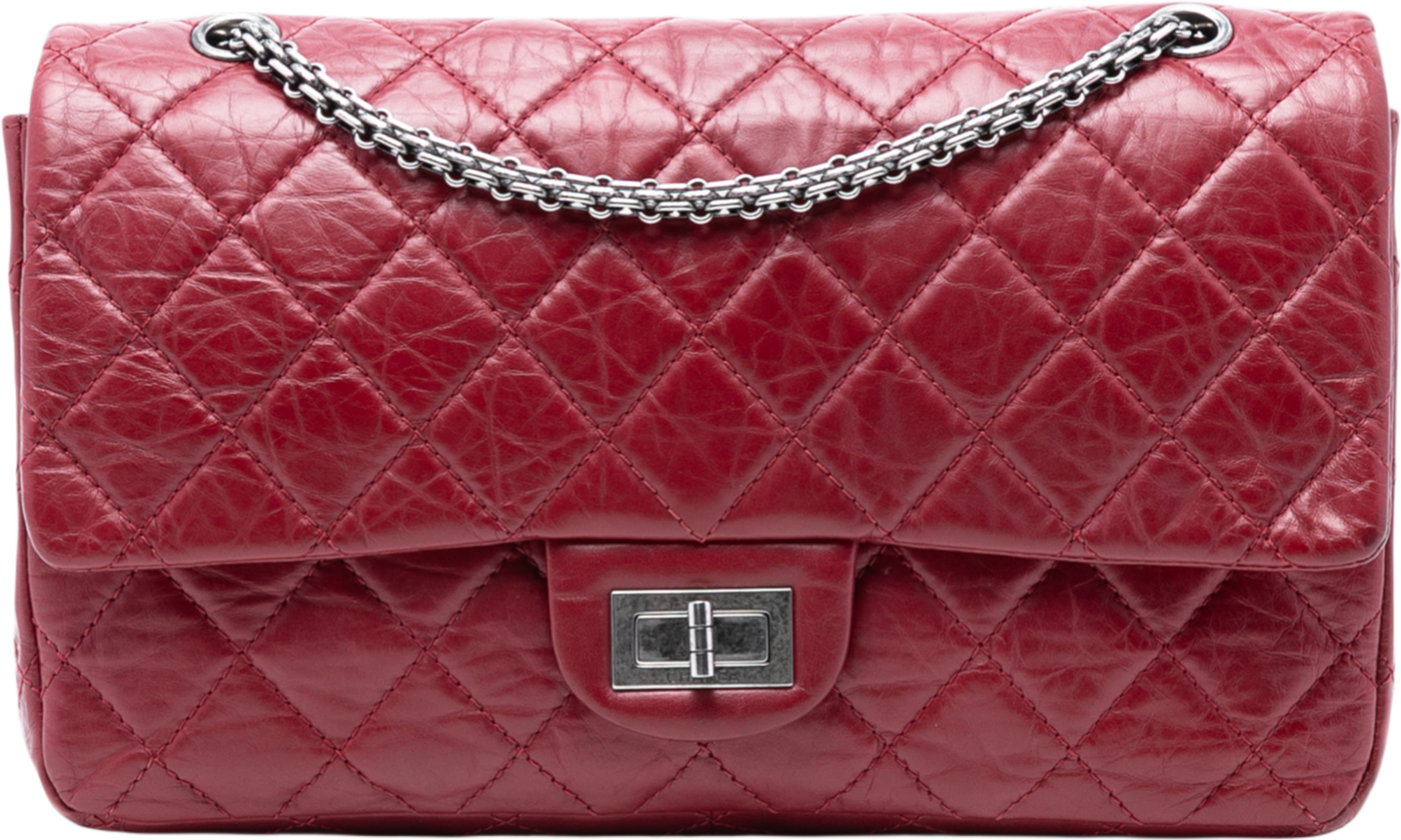Chanel Quilted Aged Calfskin Reissue 2.55 Double Flap 227, från Luxclusif, i färgen red. Klicka för att öppna bilden i stort format