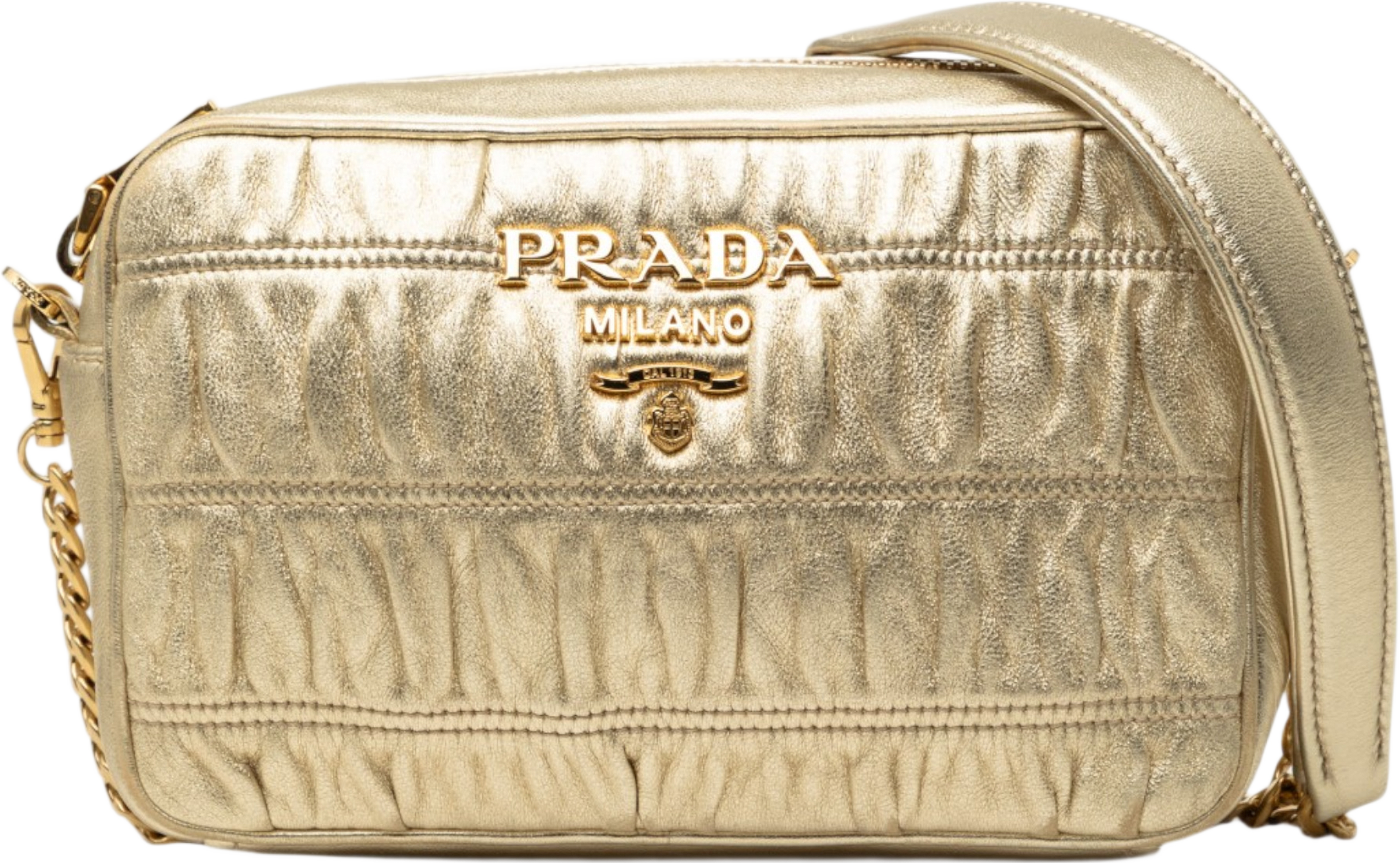 Prada Nappa Gaufre Camera Bag, från Luxclusif, i färgen guld. Klicka för att öppna bilden i stort format