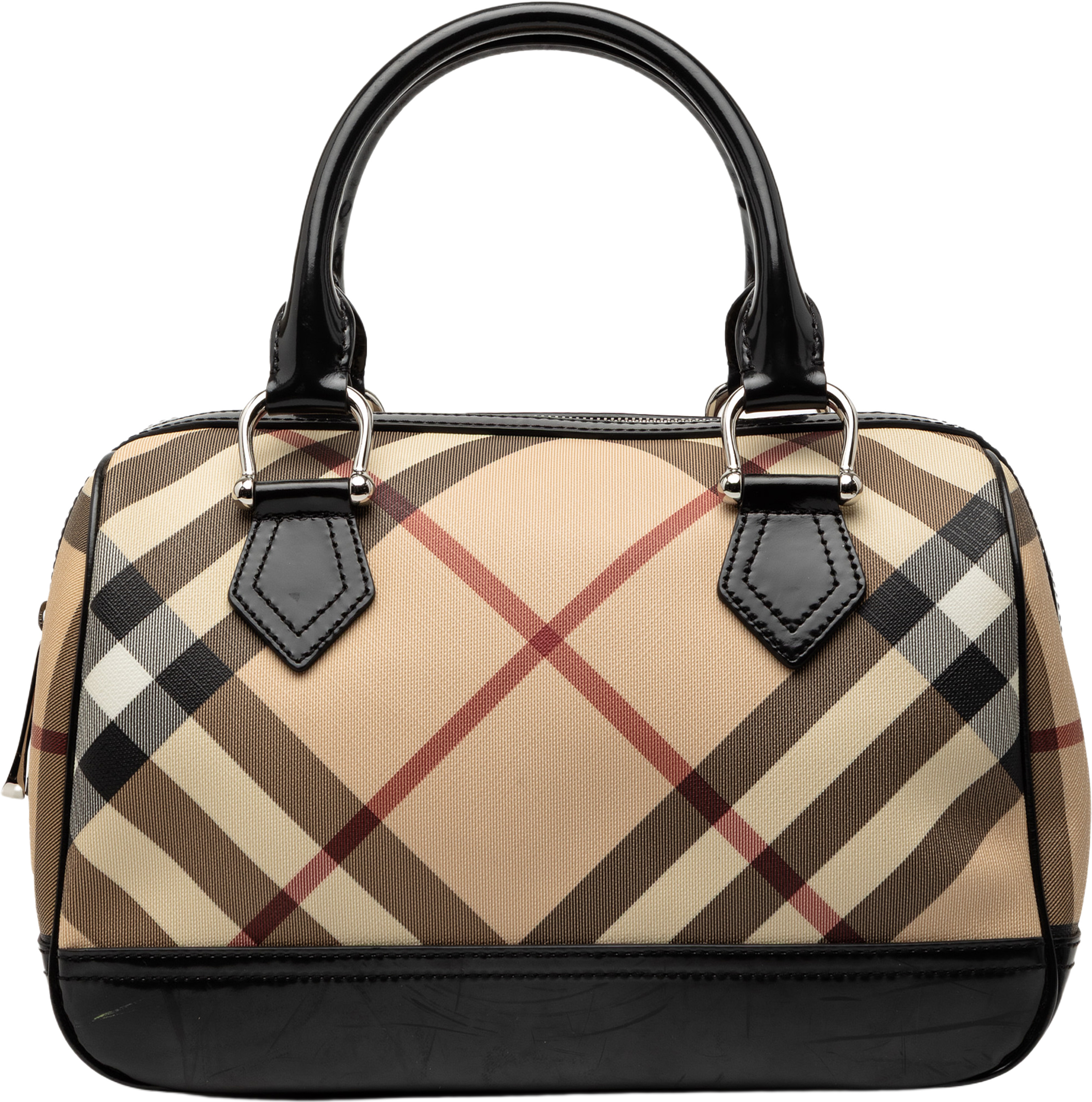 Burberry Supernova Check Coated Canvas Boston Bag, från Luxclusif, i färgen beige. Klicka för att öppna bilden i stort format