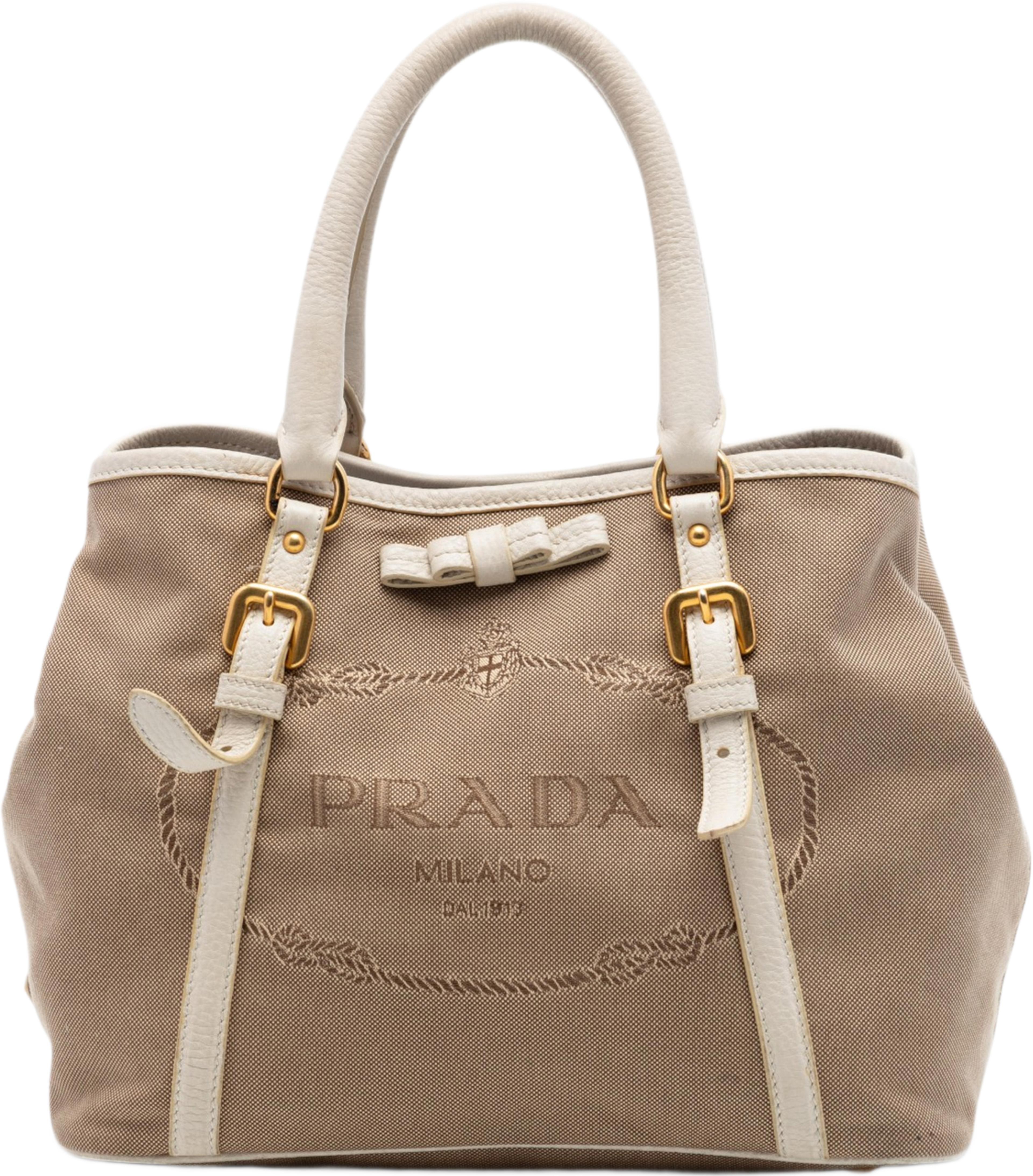 Prada Canvas Canapa Logo Bow Satchel, från Luxclusif, i färgen beige. Klicka för att öppna bilden i stort format