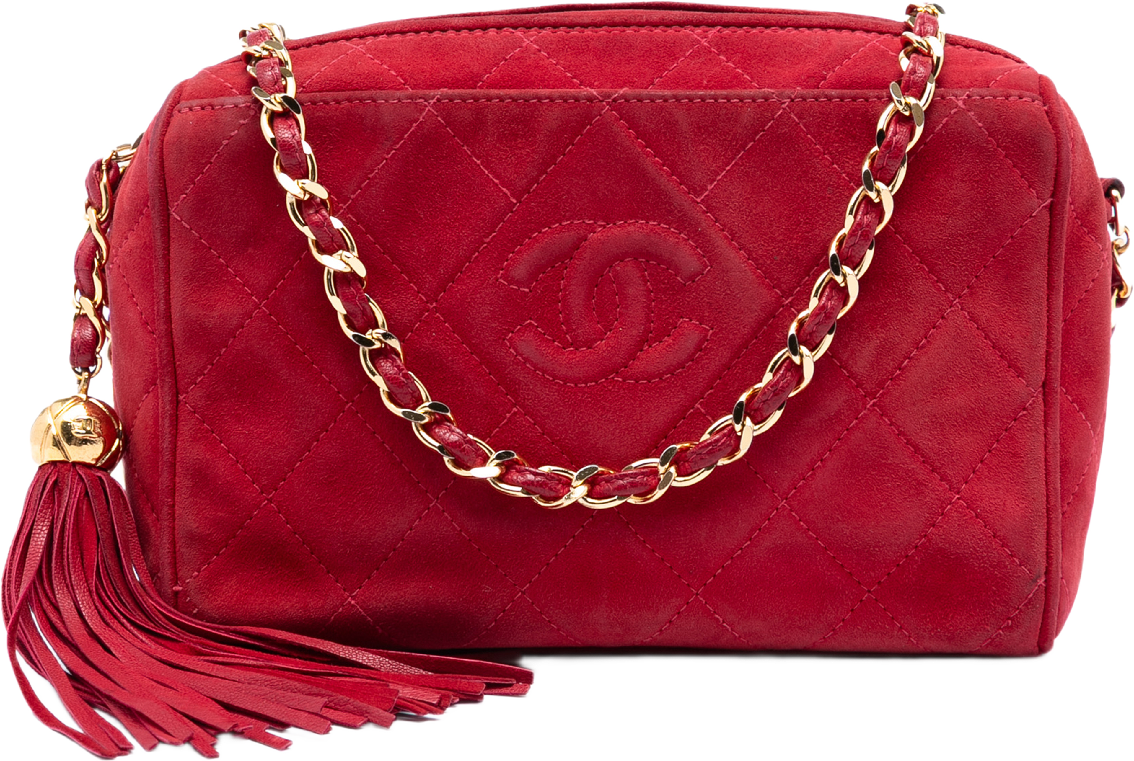Chanel Cc Quilted Suede Tassel Diamond Camera Bag, från Luxclusif, i färgen röd. Klicka för att öppna bilden i stort format
