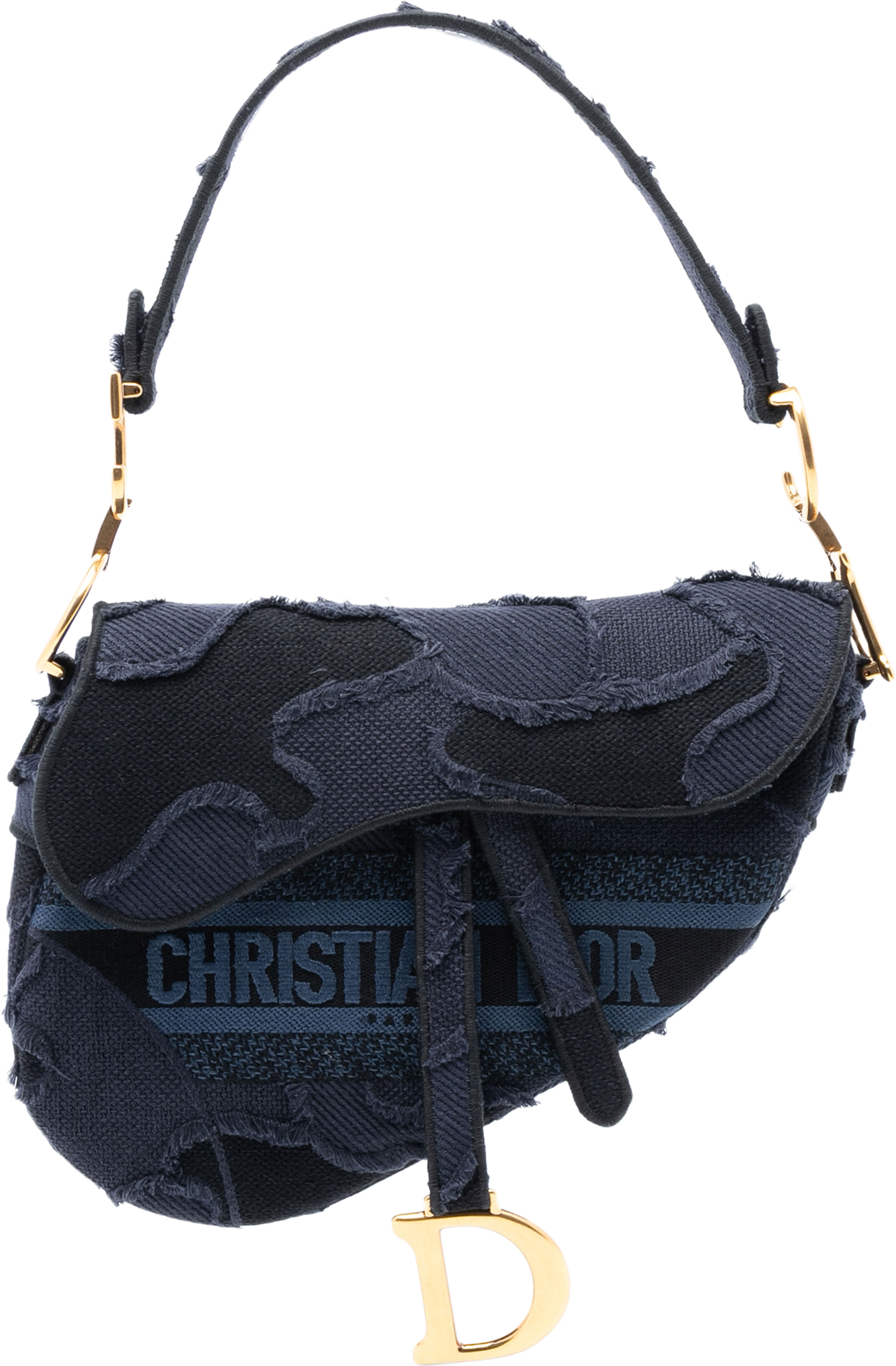 Dior Camouflage Embroidered Canvas Saddle Bag, från Luxclusif, i färgen navy. Klicka för att öppna bilden i stort format