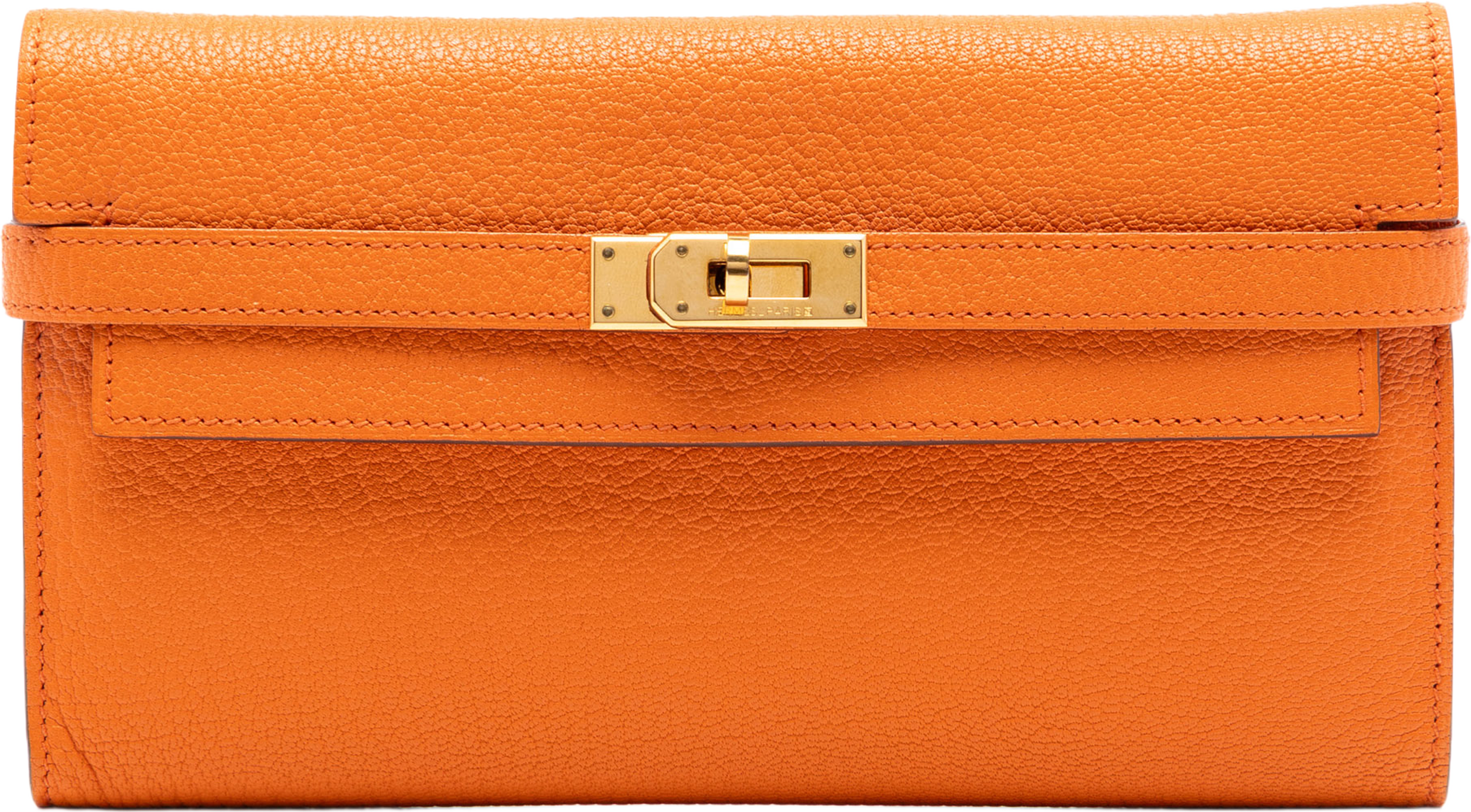 Hermès Chevre Mysore Kelly Longue Wallet, från Luxclusif, i färgen orange. Klicka för att öppna bilden i stort format