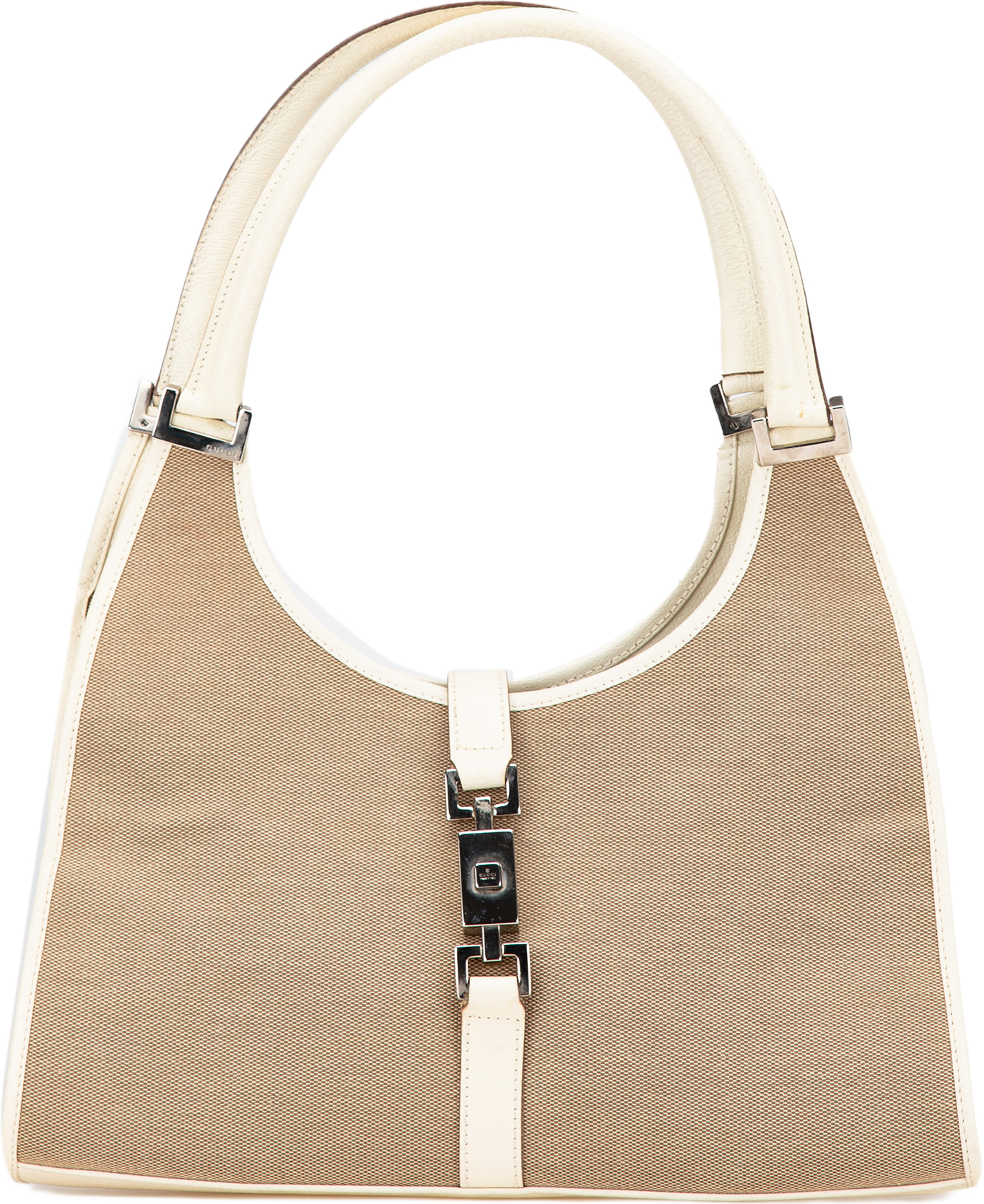 Gucci Canvas Jackie Bardot Shoulder Bag, från Luxclusif, i färgen light brown.