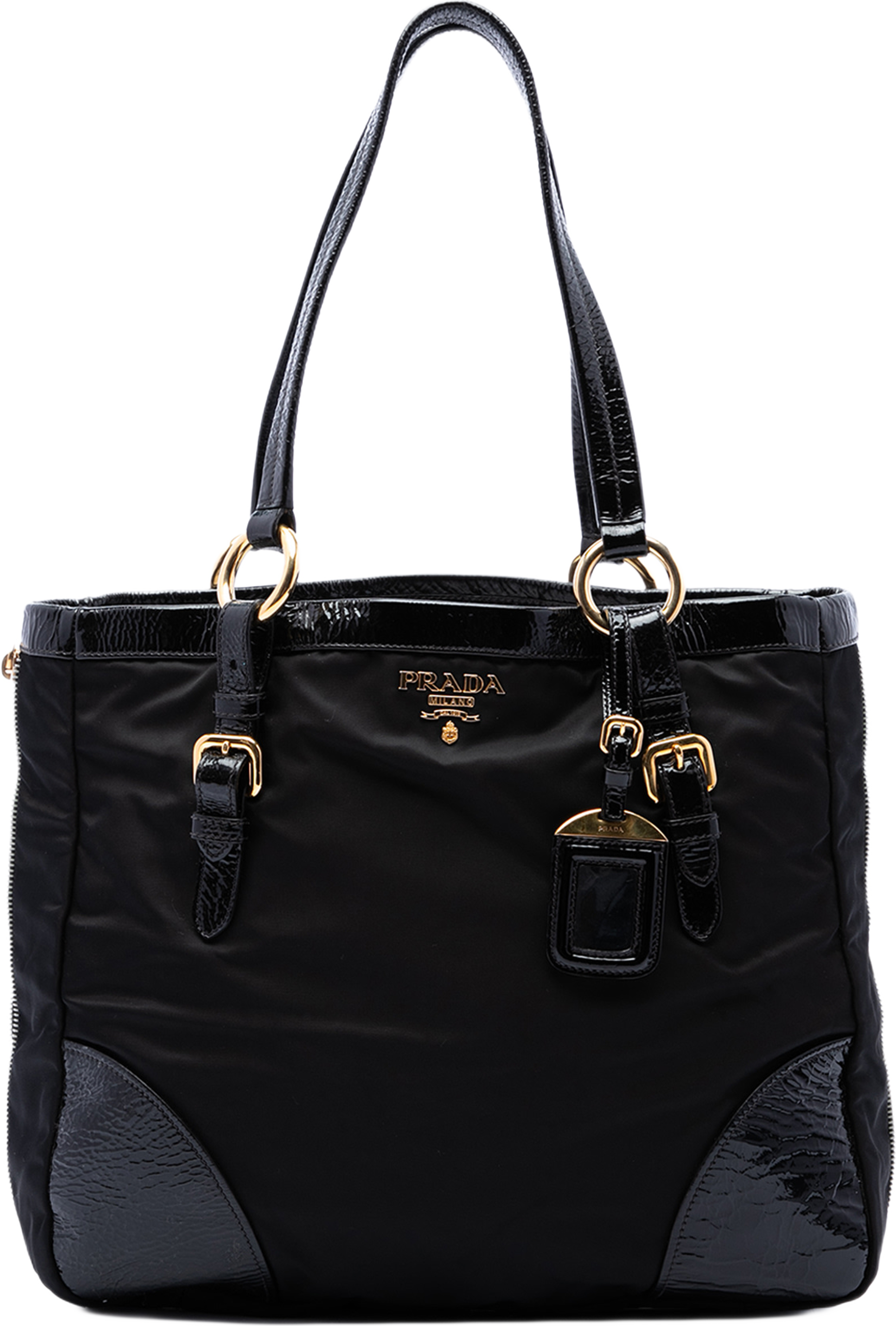 Prada Patent Trimmed Tessuto Expandable Zip Around Tote, från Luxclusif, i färgen svart. Klicka för att öppna bilden i stort format