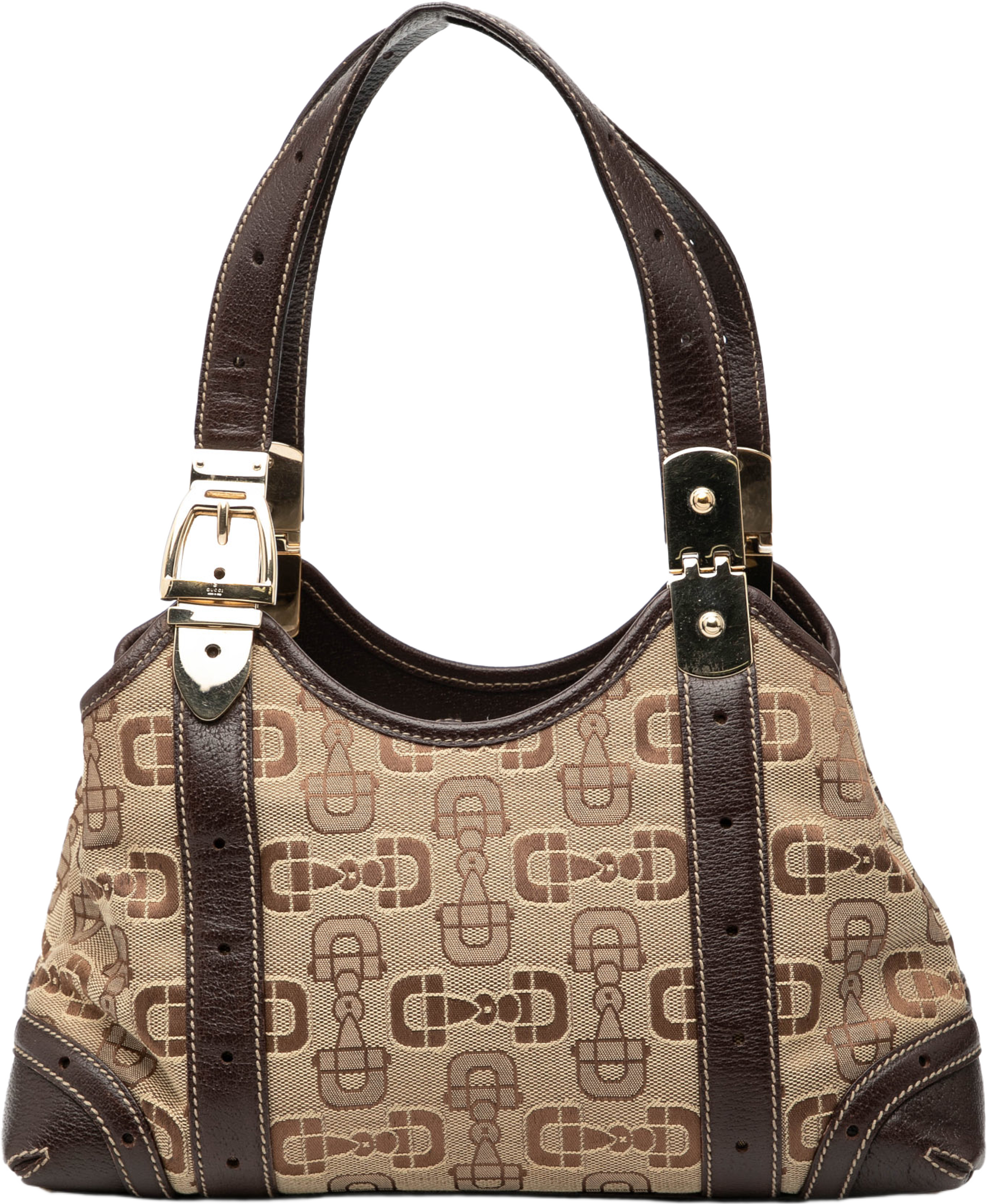 Gucci Horsebit Canvas Shoulder Bag, från Luxclusif, i färgen beige. Klicka för att öppna bilden i stort format