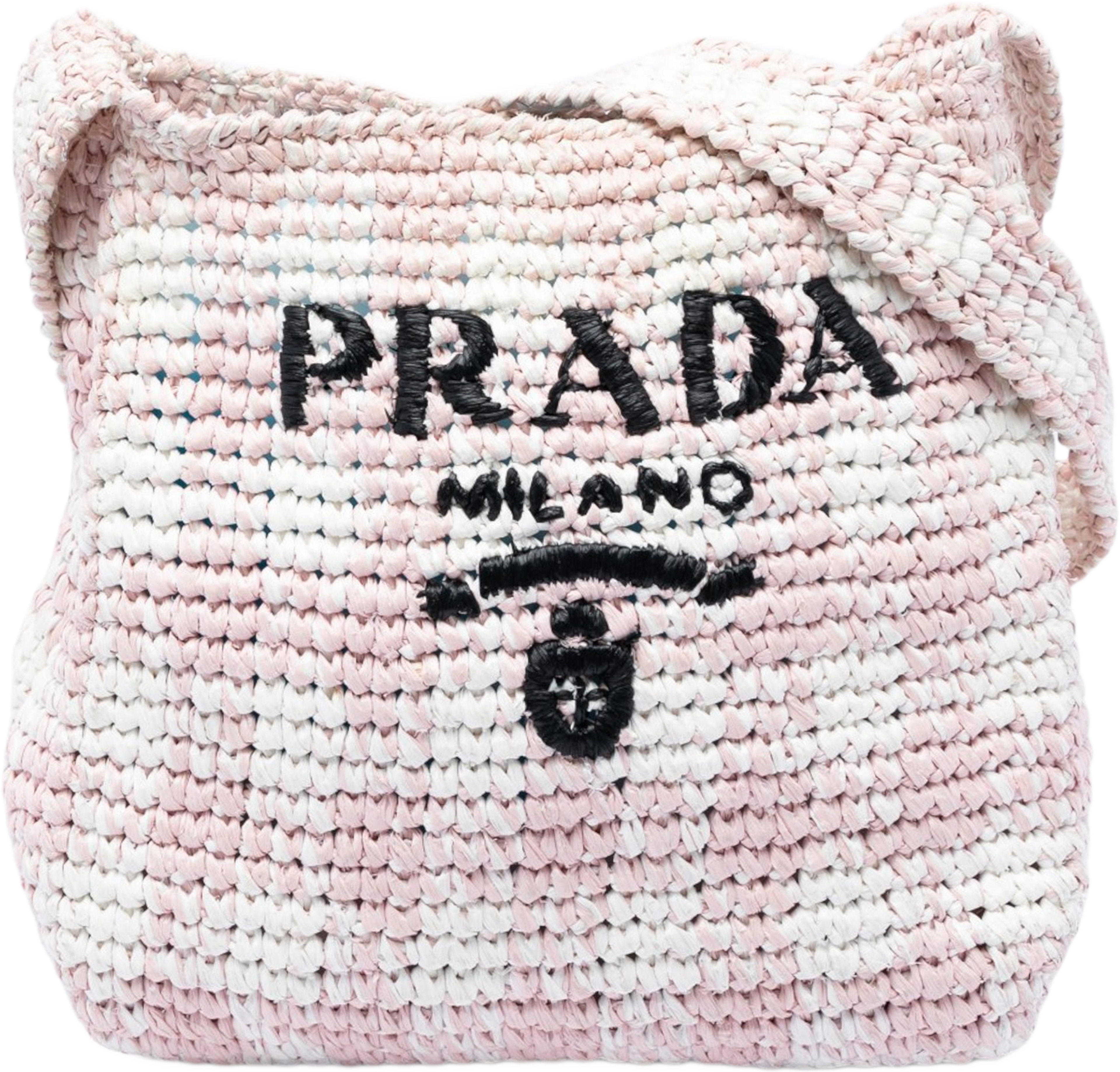 Prada Raffia Effect Crochet Embroidered Logo Crossbody, från Luxclusif, i färgen rosa. Klicka för att öppna bilden i stort format