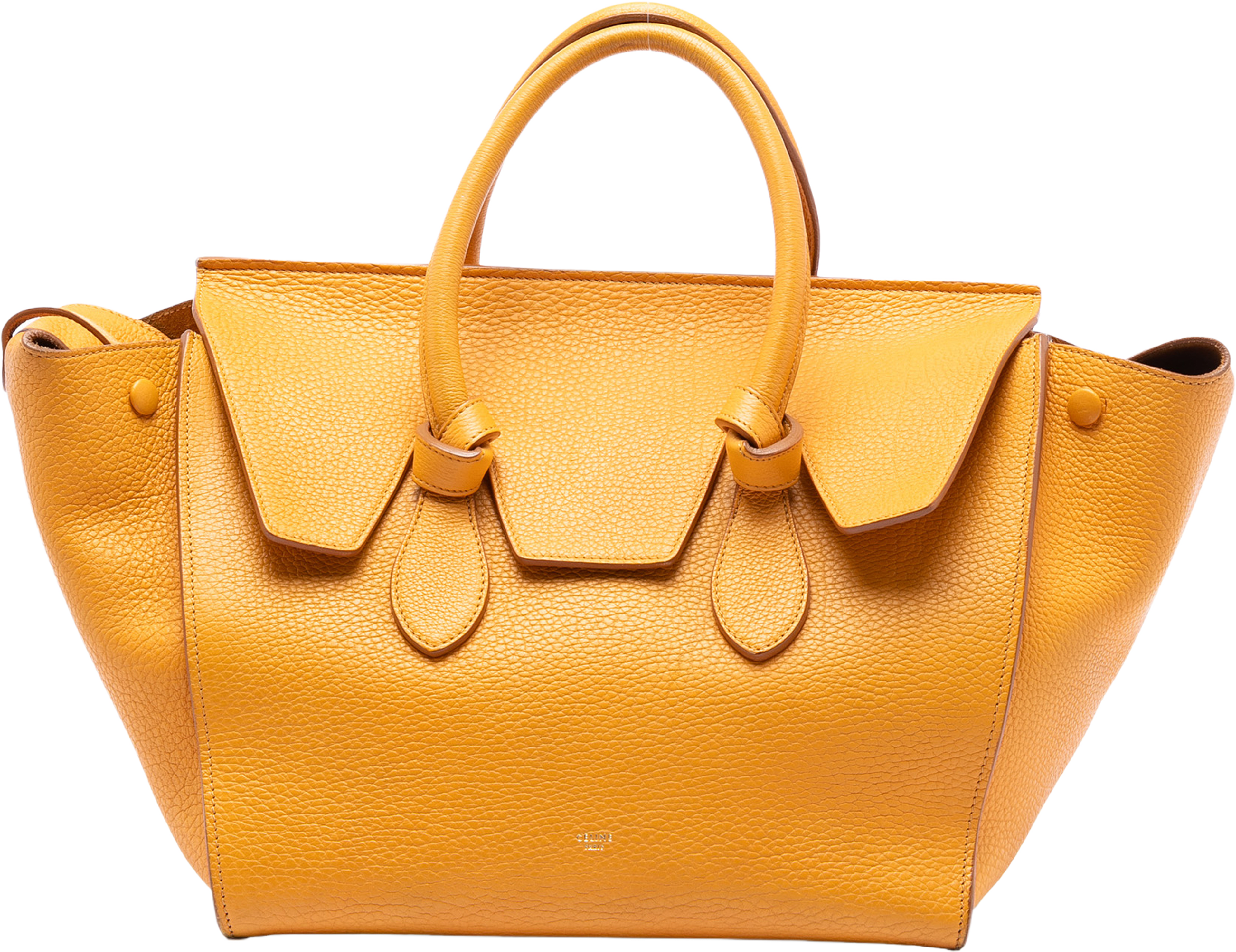 Celine Small Grained Calfskin Tie Knot Handbag, från Luxclusif, i färgen mustard. Klicka för att öppna bilden i stort format