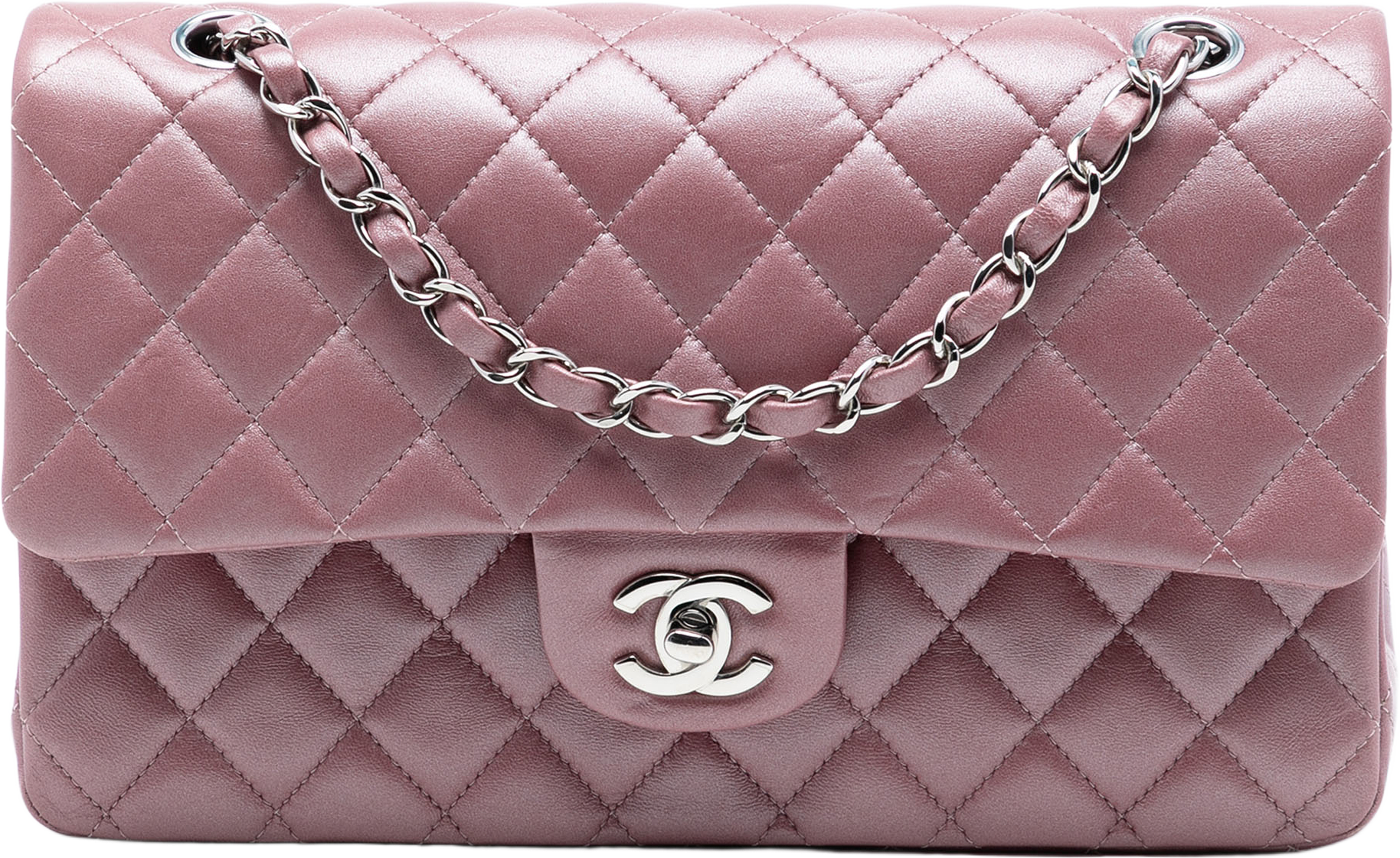 Chanel Medium Metallic Classic Lambskin Double Flap, från Luxclusif, i färgen rose gold. Klicka för att öppna bilden i stort format