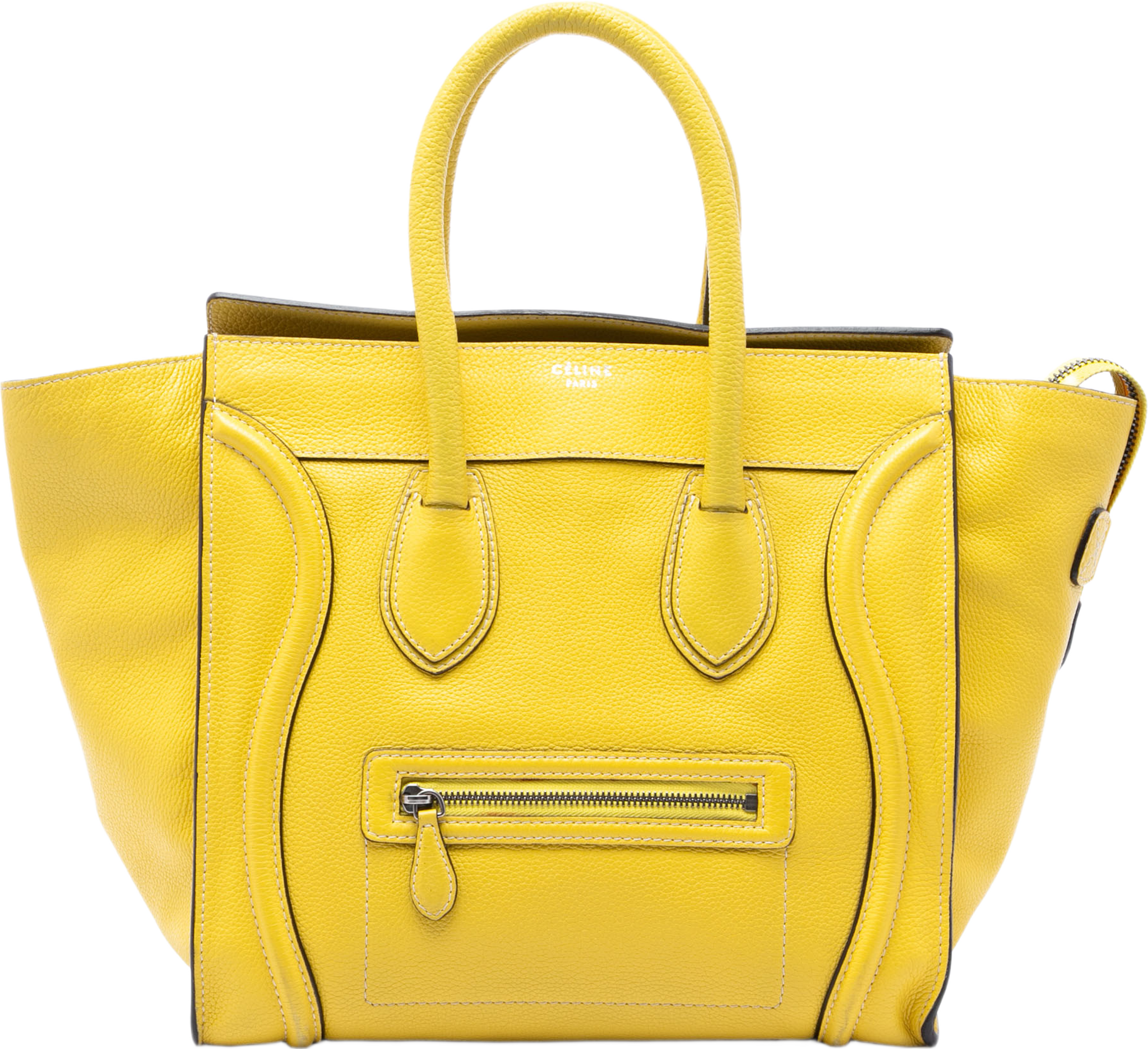 Celine Mini Drummed Calfskin Luggage Tote, från Luxclusif, i färgen gul. Klicka för att öppna bilden i stort format