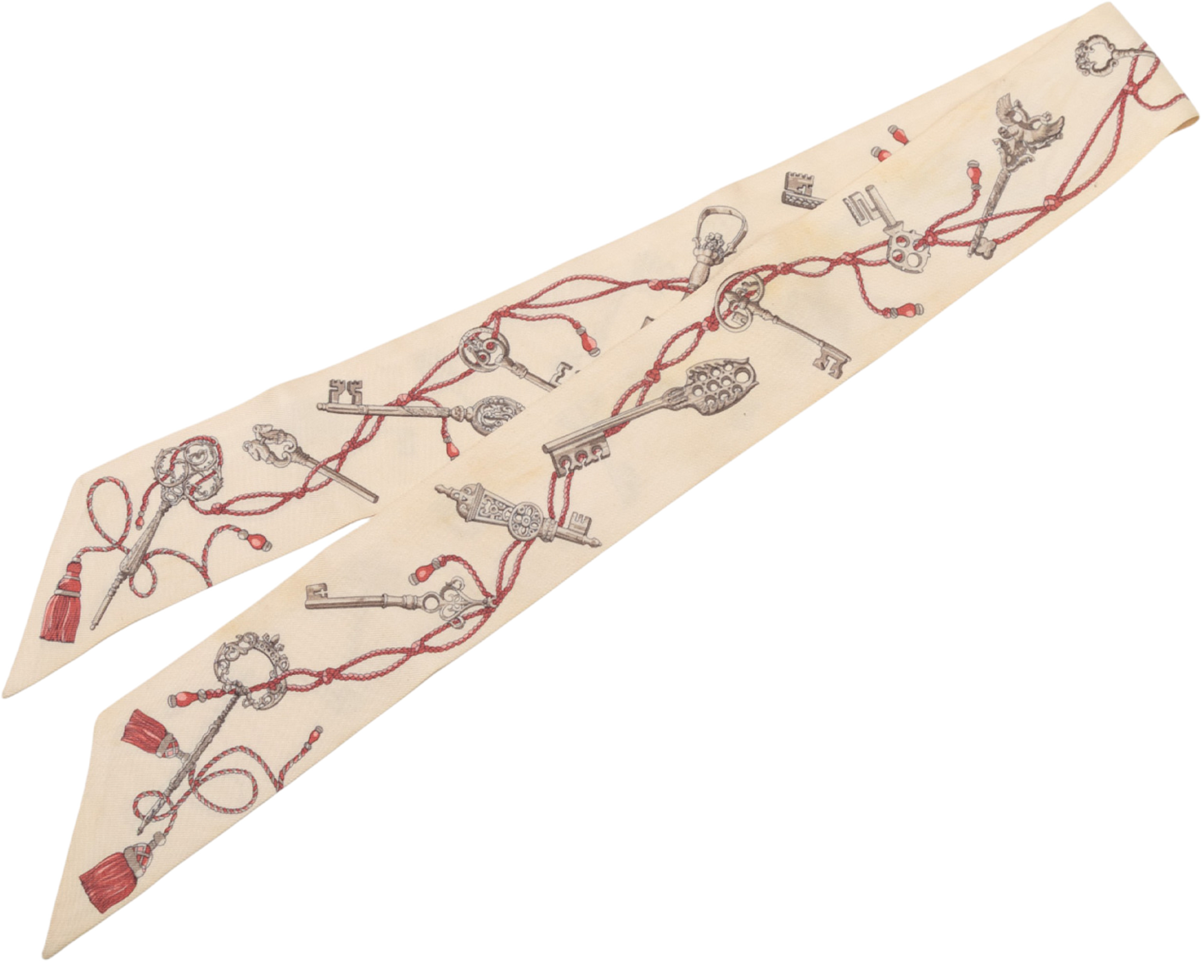 Hermès Les Cles A Pois Twilly Silk Scarf, från Luxclusif, i färgen beige. Klicka för att öppna bilden i stort format