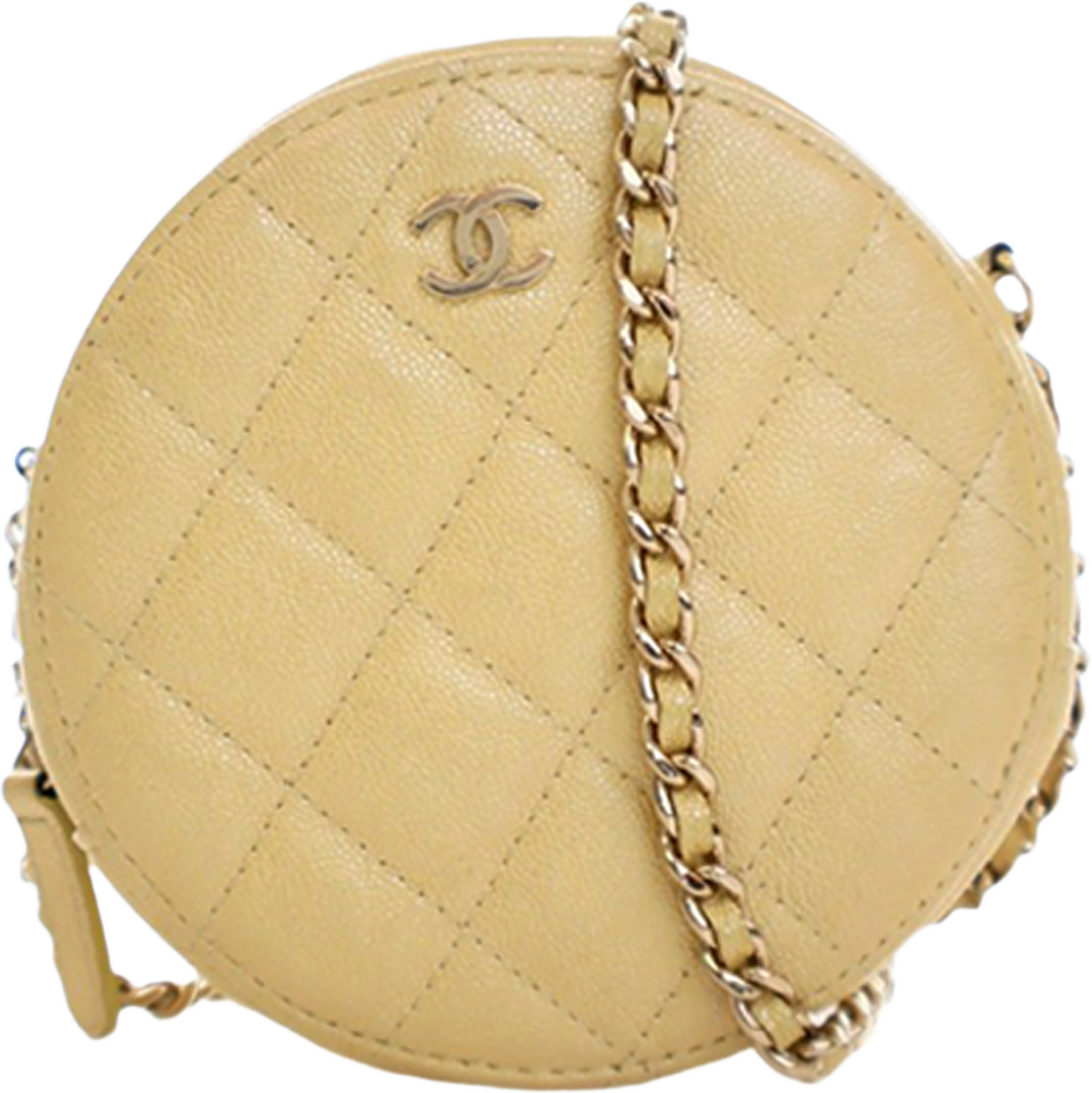 Chanel Cc Quilted Caviar Round Clutch With Chain, från Luxclusif, i färgen light yellow. Klicka för att öppna bilden i stort format