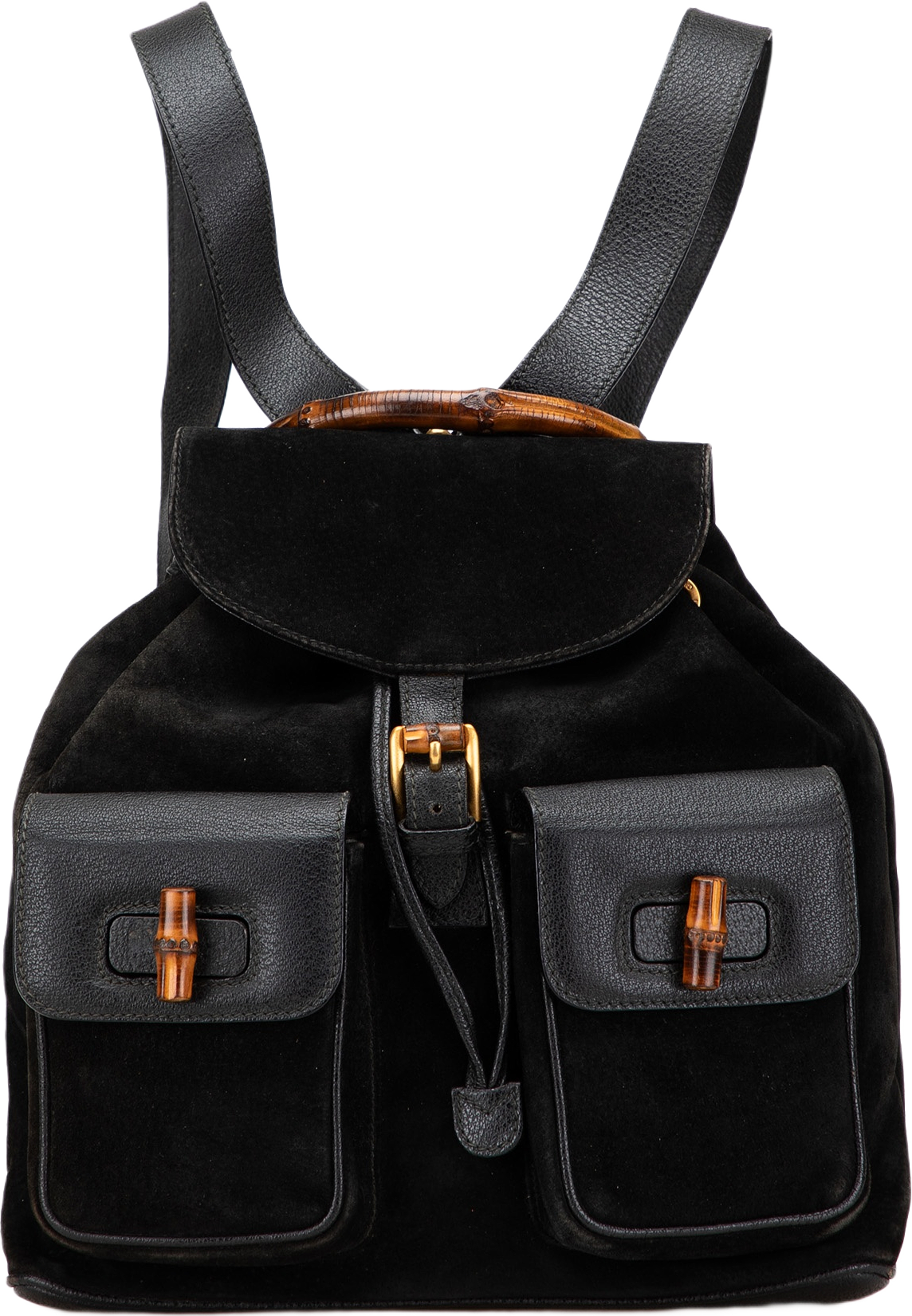 Gucci Suede Bamboo Backpack, från Luxclusif, i färgen black. Klicka för att öppna bilden i stort format