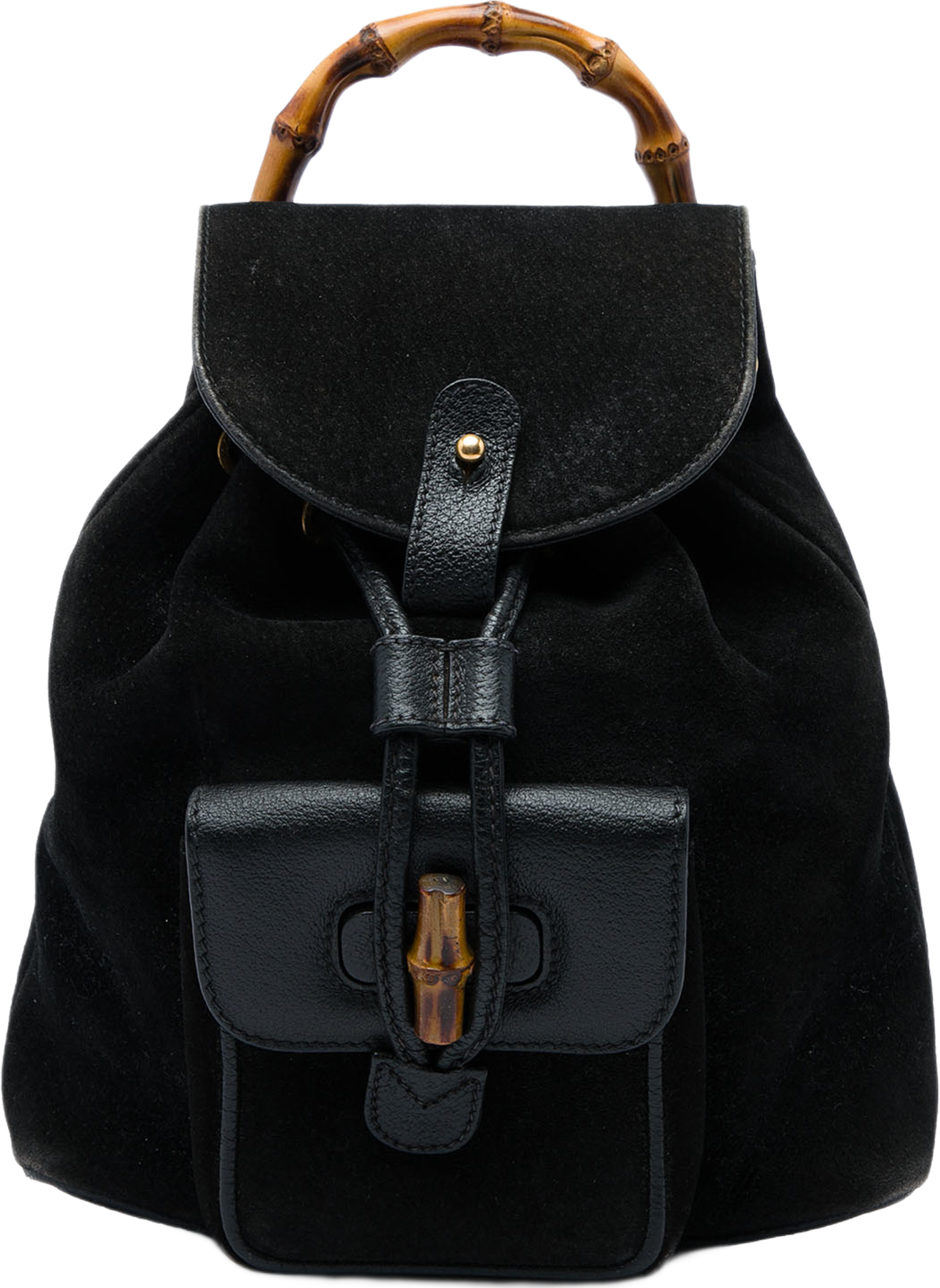 Gucci Suede Bamboo Drawstring Backpack, från Luxclusif, i färgen svart. Klicka för att öppna bilden i stort format
