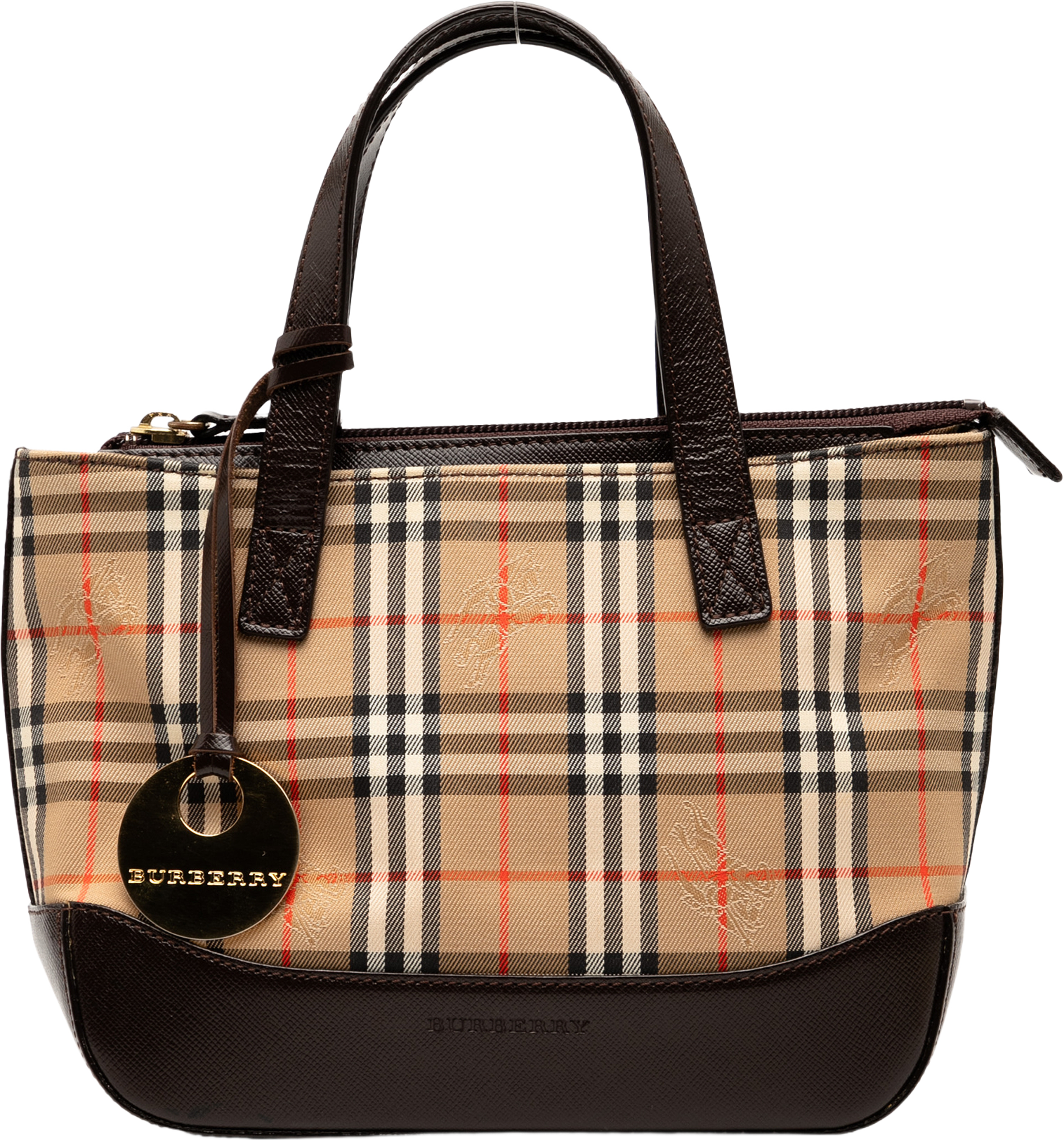 Burberry Haymarket Check Canvas Handbag, från Luxclusif, i färgen beige. Klicka för att öppna bilden i stort format