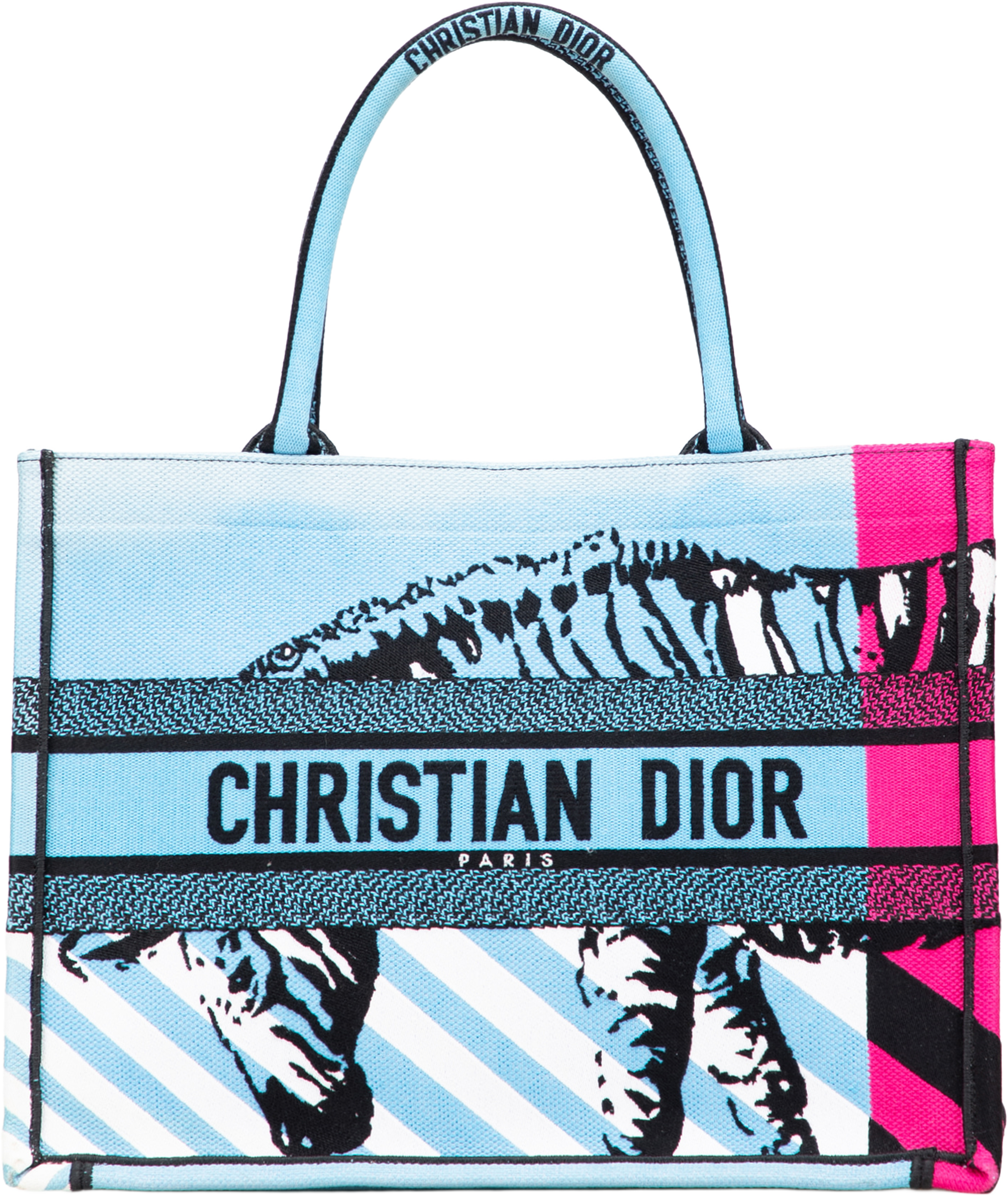 Dior Medium Embroidered Canvas Zebra D Jungle Pop Book Tote, från Luxclusif, i färgen light blue. Klicka för att öppna bilden i stort format