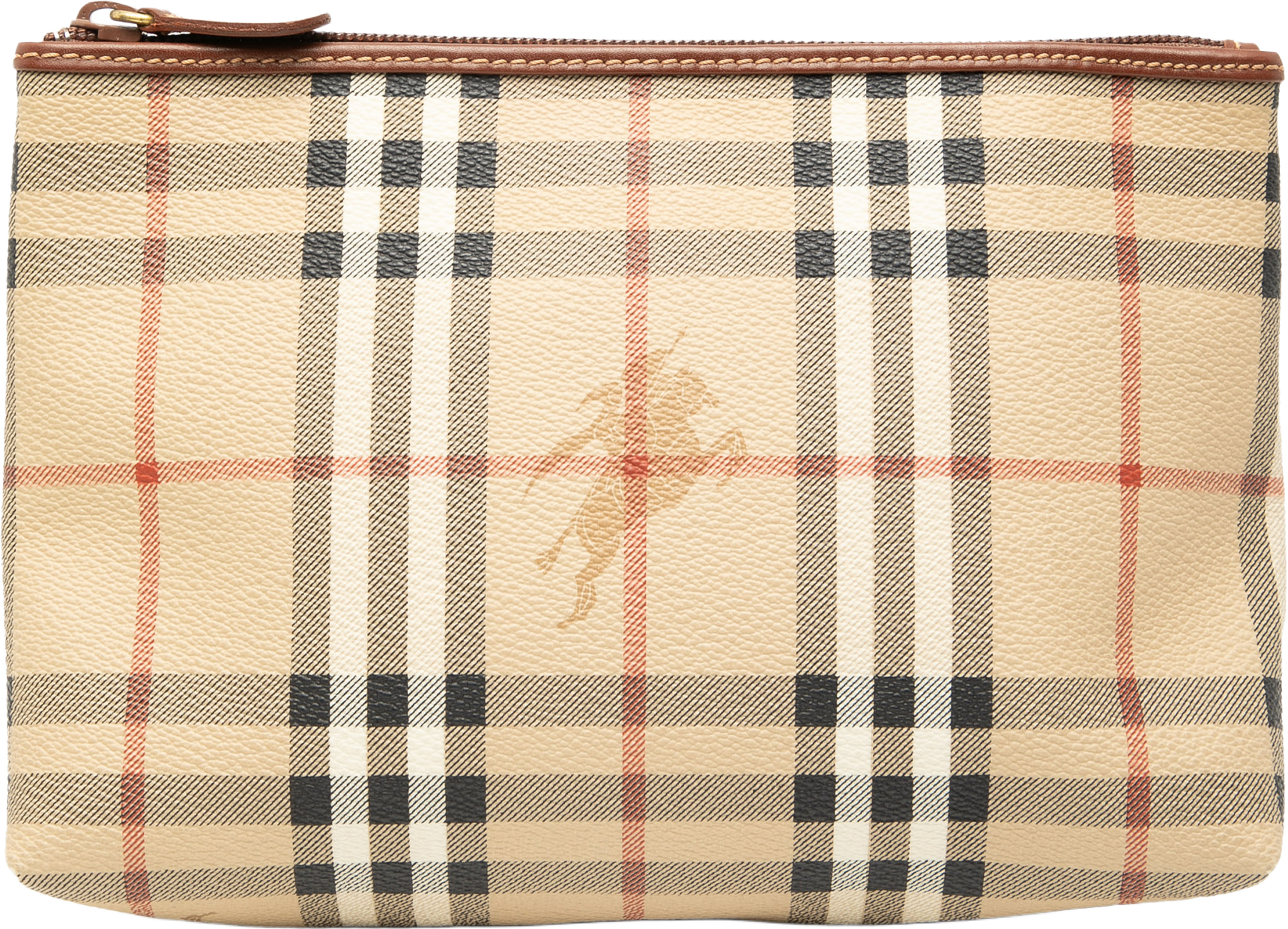 Burberry Haymarket Check Coated Canvas Pouch, från Luxclusif, i färgen beige. Klicka för att öppna bilden i stort format