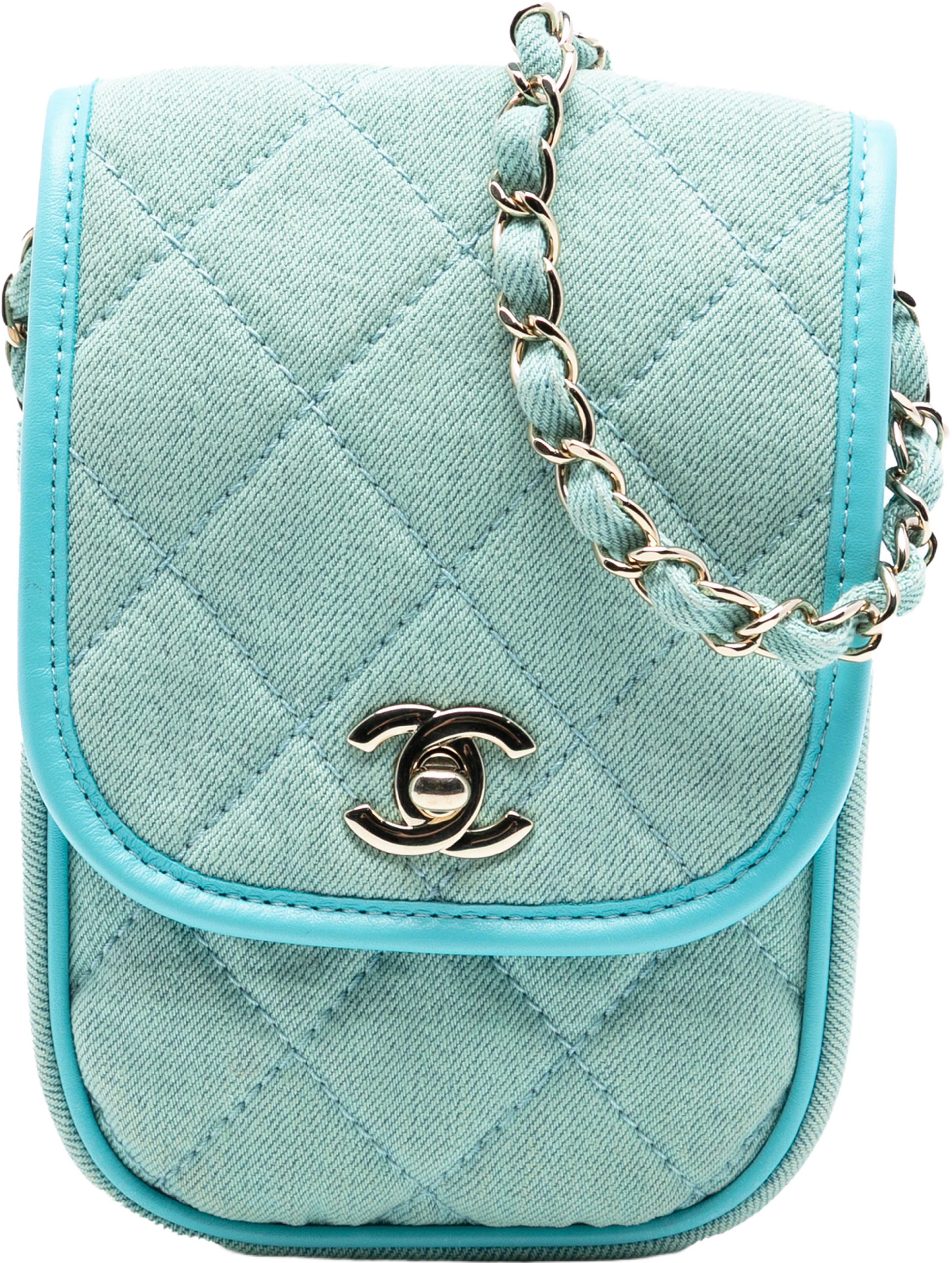 Chanel Mini Cc Quilted Denim Crossbody, från Luxclusif, i färgen turquoise. Klicka för att öppna bilden i stort format