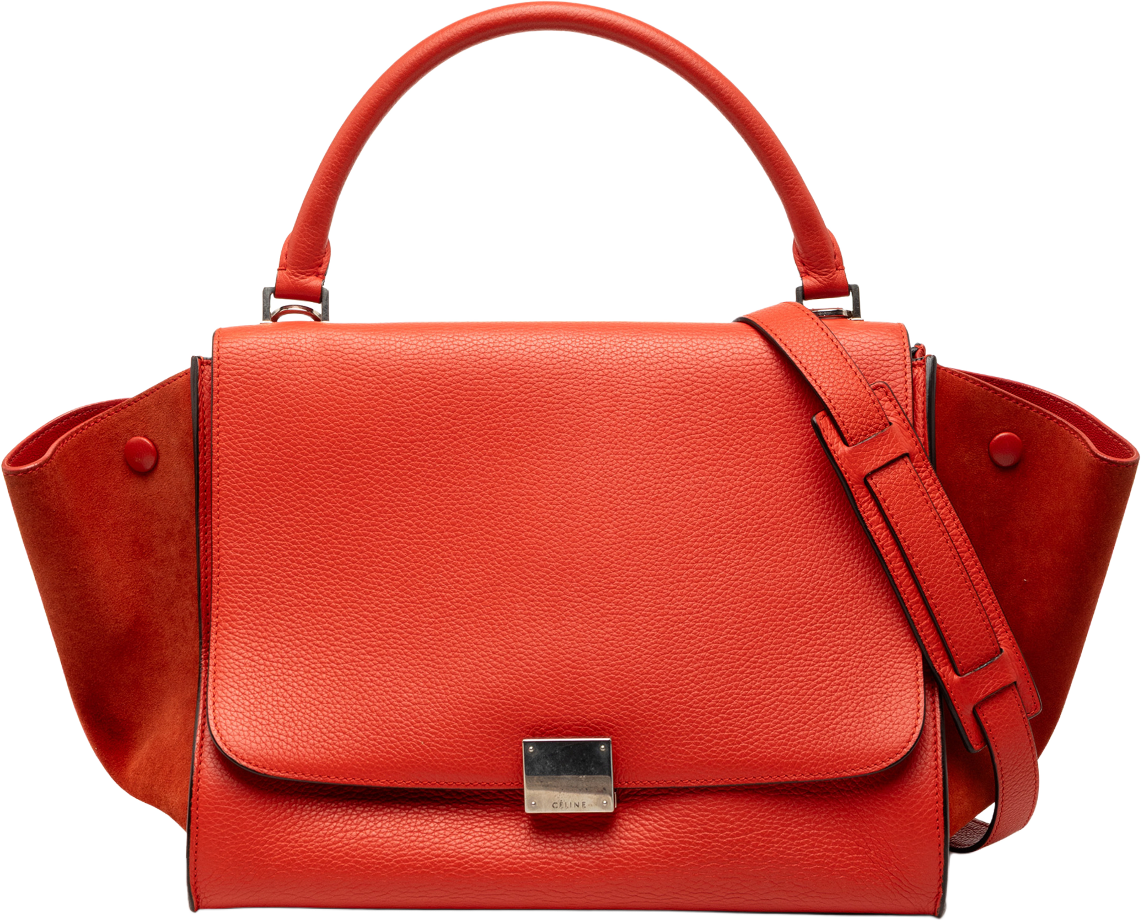 Celine Medium Drummed Calfskin And Suede Trapeze Satchel, från Luxclusif, i färgen dark orange. Klicka för att öppna bilden i stort format