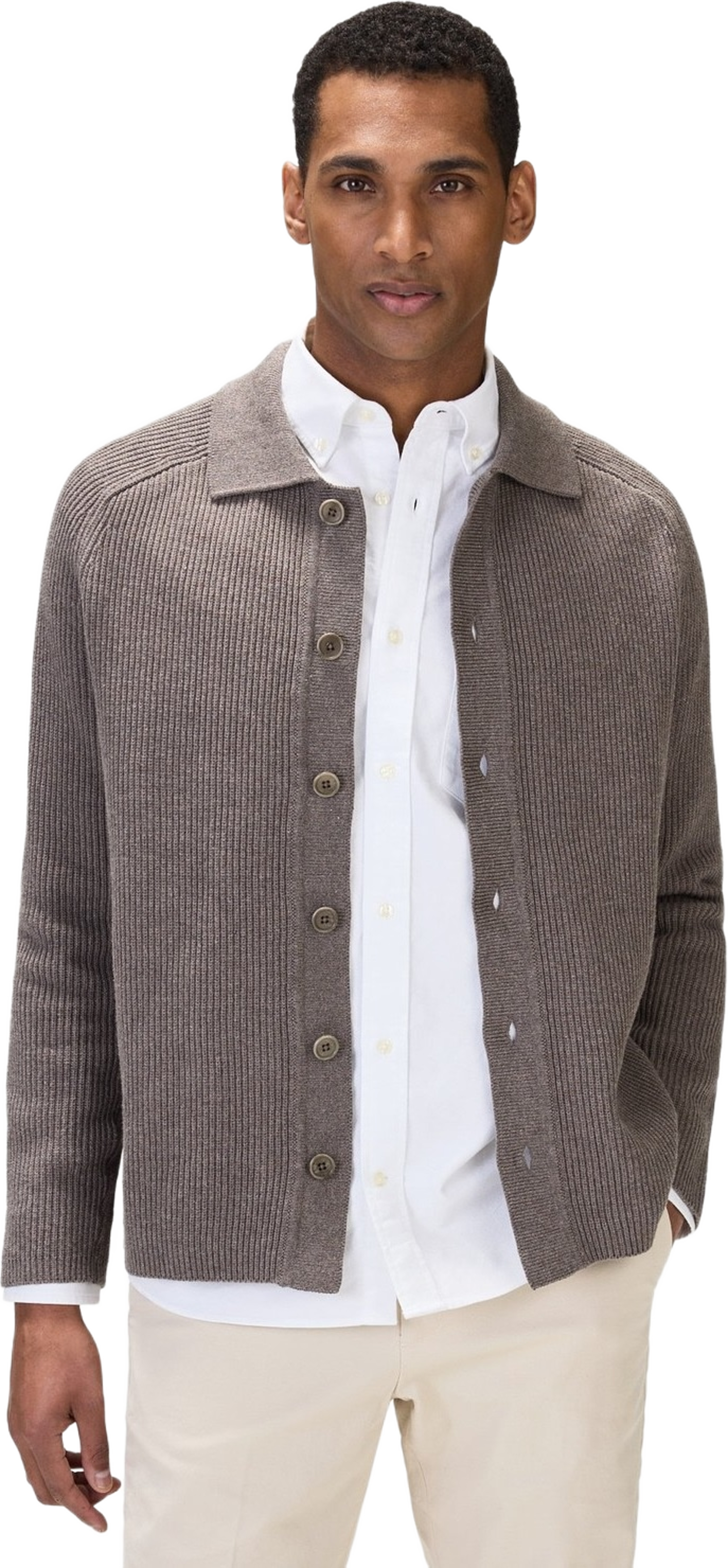 Cotton Rib Knitted Cardigan (milo), från John Henric, i färgen mid brown. Klicka för att öppna bilden i stort format