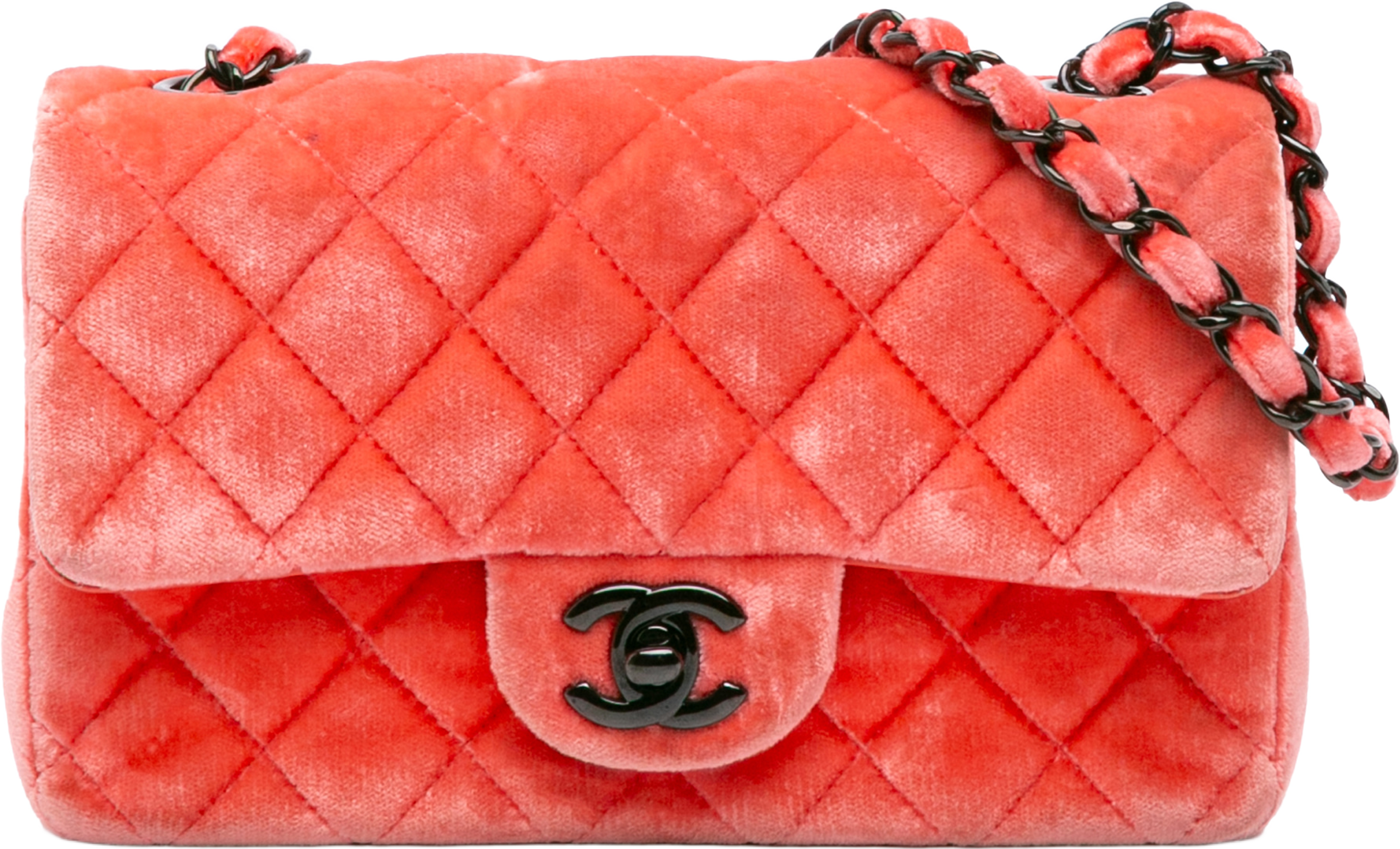 Chanel Mini Rectangular Classic Velvet Single Flap, från Luxclusif, i färgen peach. Klicka för att öppna bilden i stort format