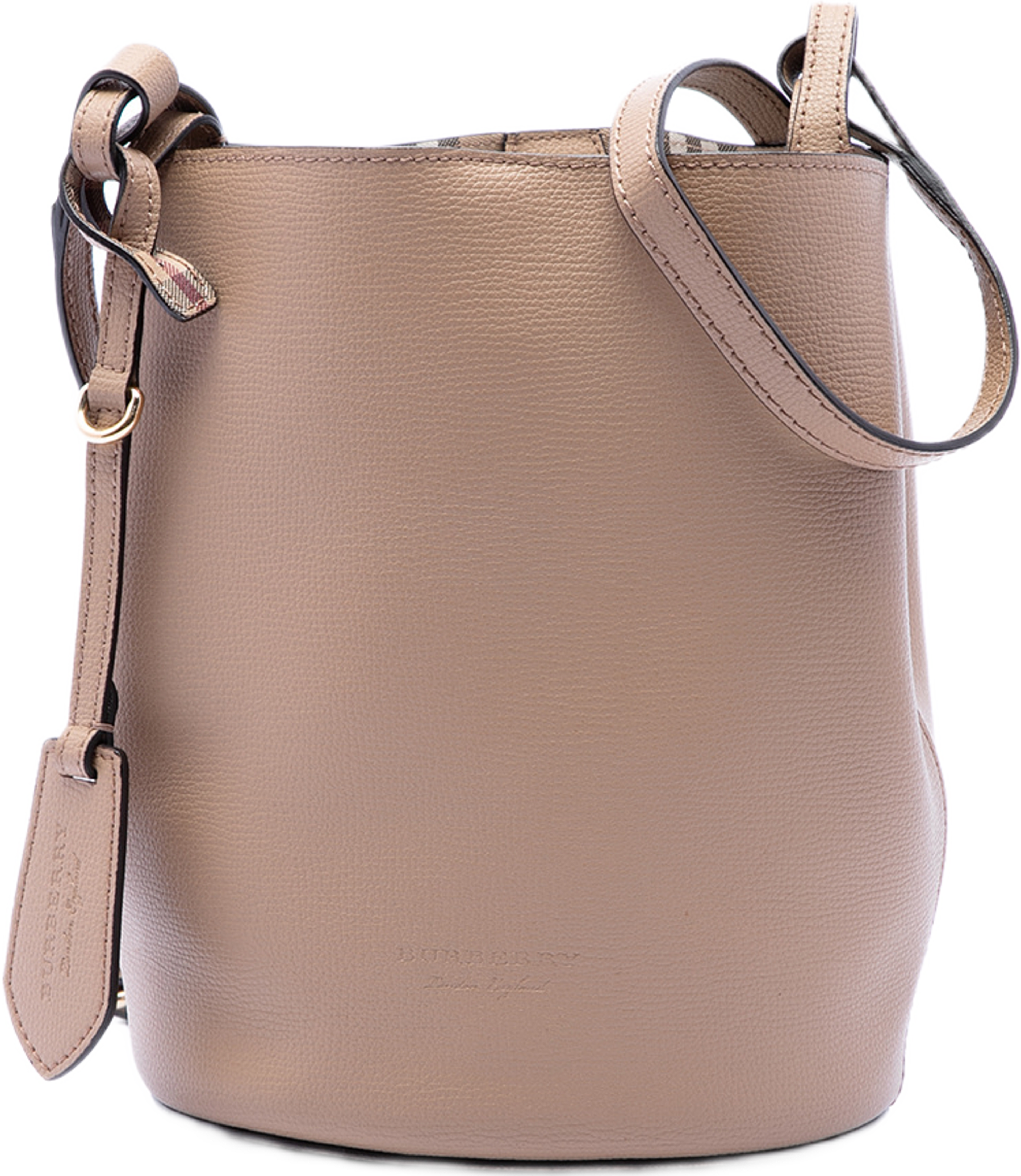 Burberry Leather Lorne Bucket Bag, från Luxclusif, i färgen nude. Klicka för att öppna bilden i stort format