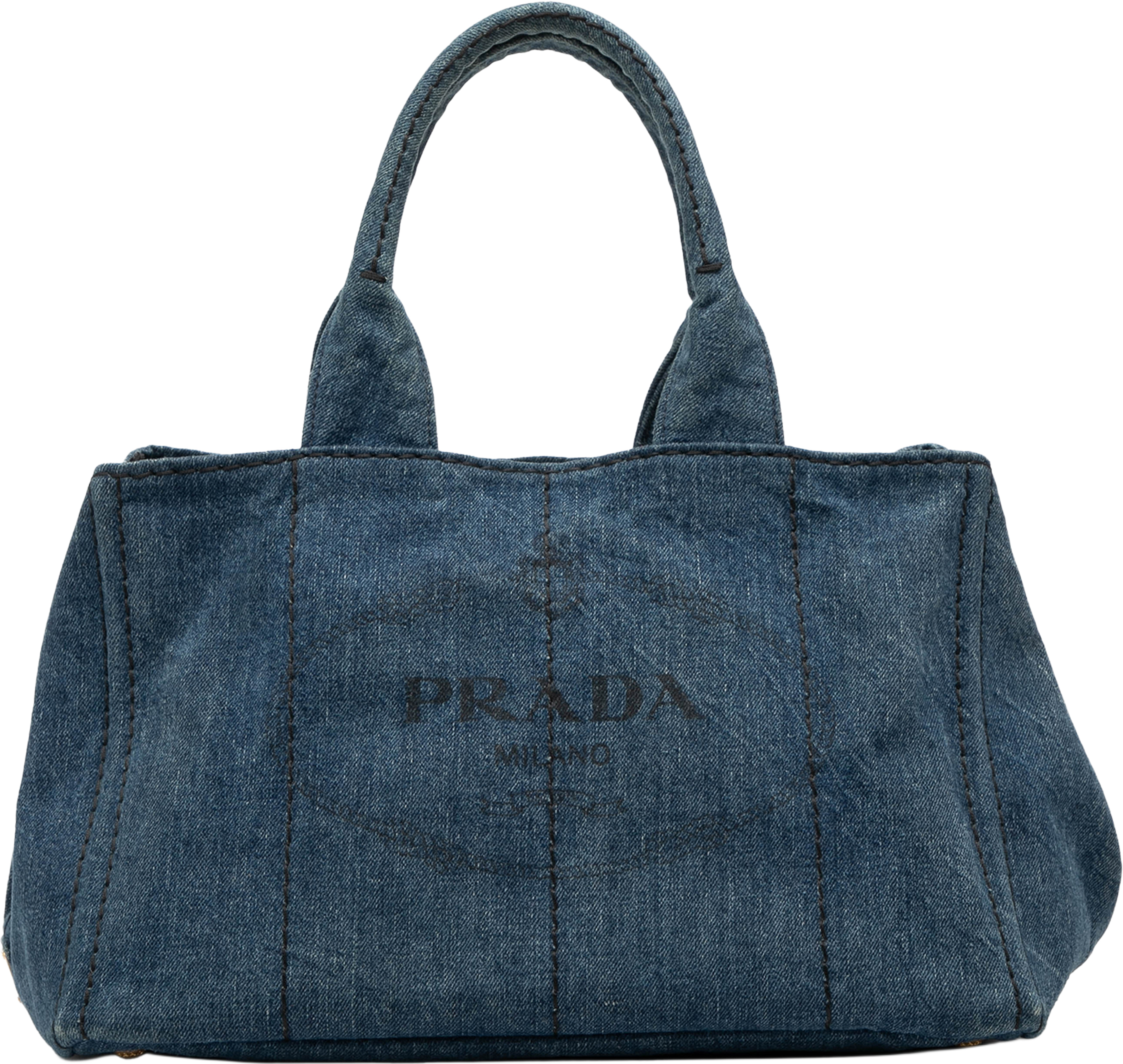 Prada Denim Canapa Logo Satchel, från Luxclusif, i färgen denim. Klicka för att öppna bilden i stort format