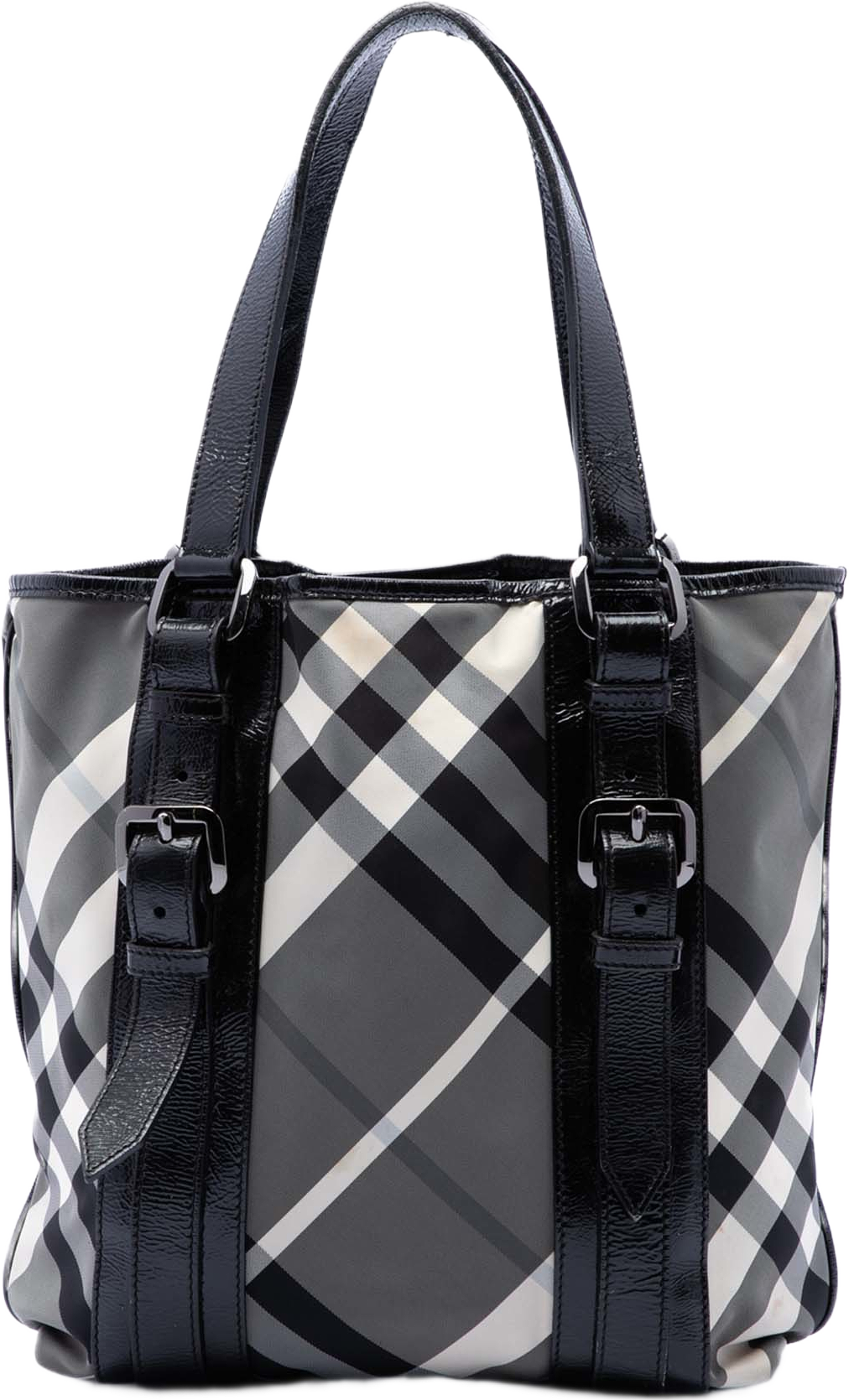 Burberry Small Beat Check Nylon Victoria Tote, från Luxclusif, i färgen grå. Klicka för att öppna bilden i stort format