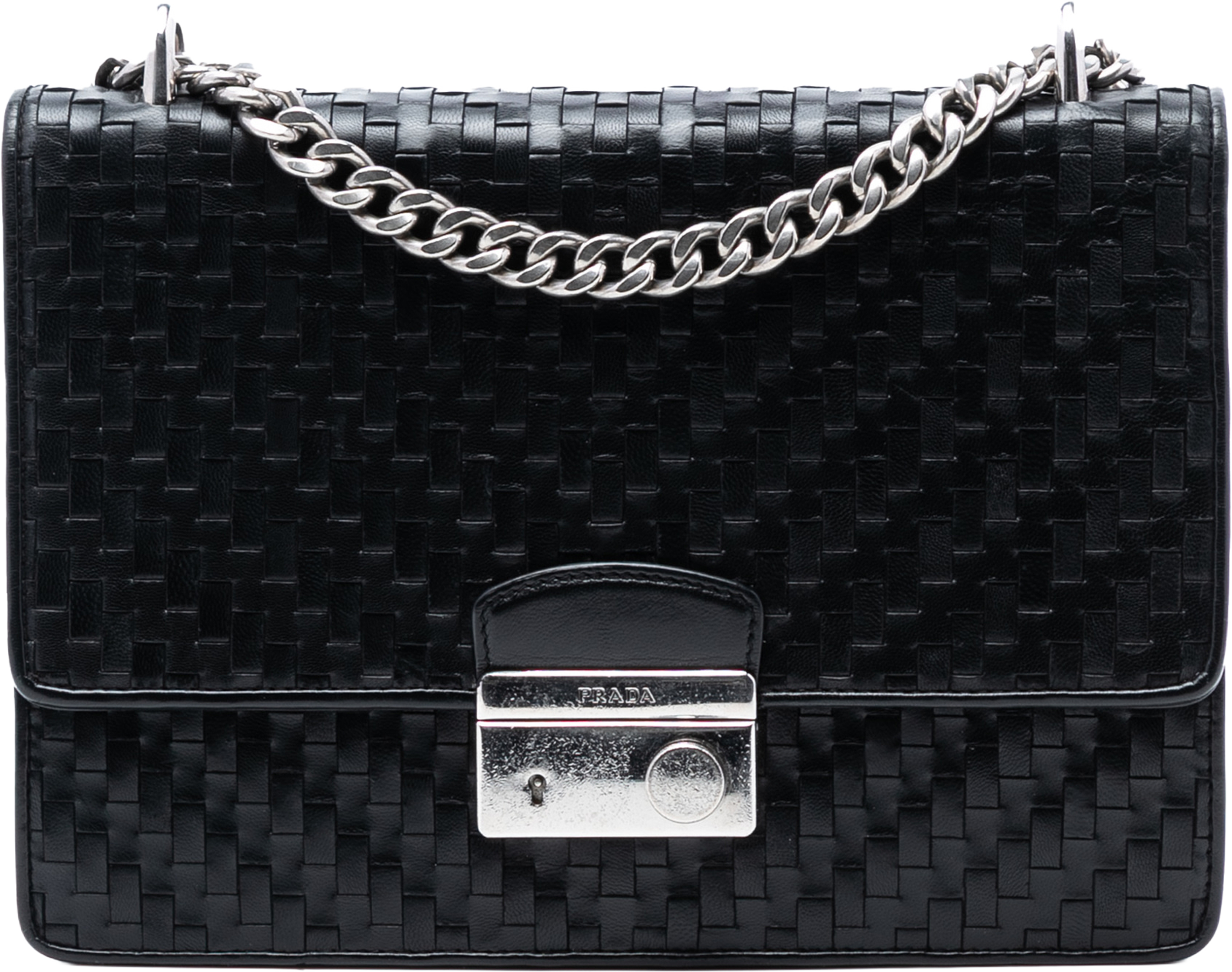 Prada Woven Madras Leather Chain Flap Bag, från Luxclusif, i färgen black. Klicka för att öppna bilden i stort format