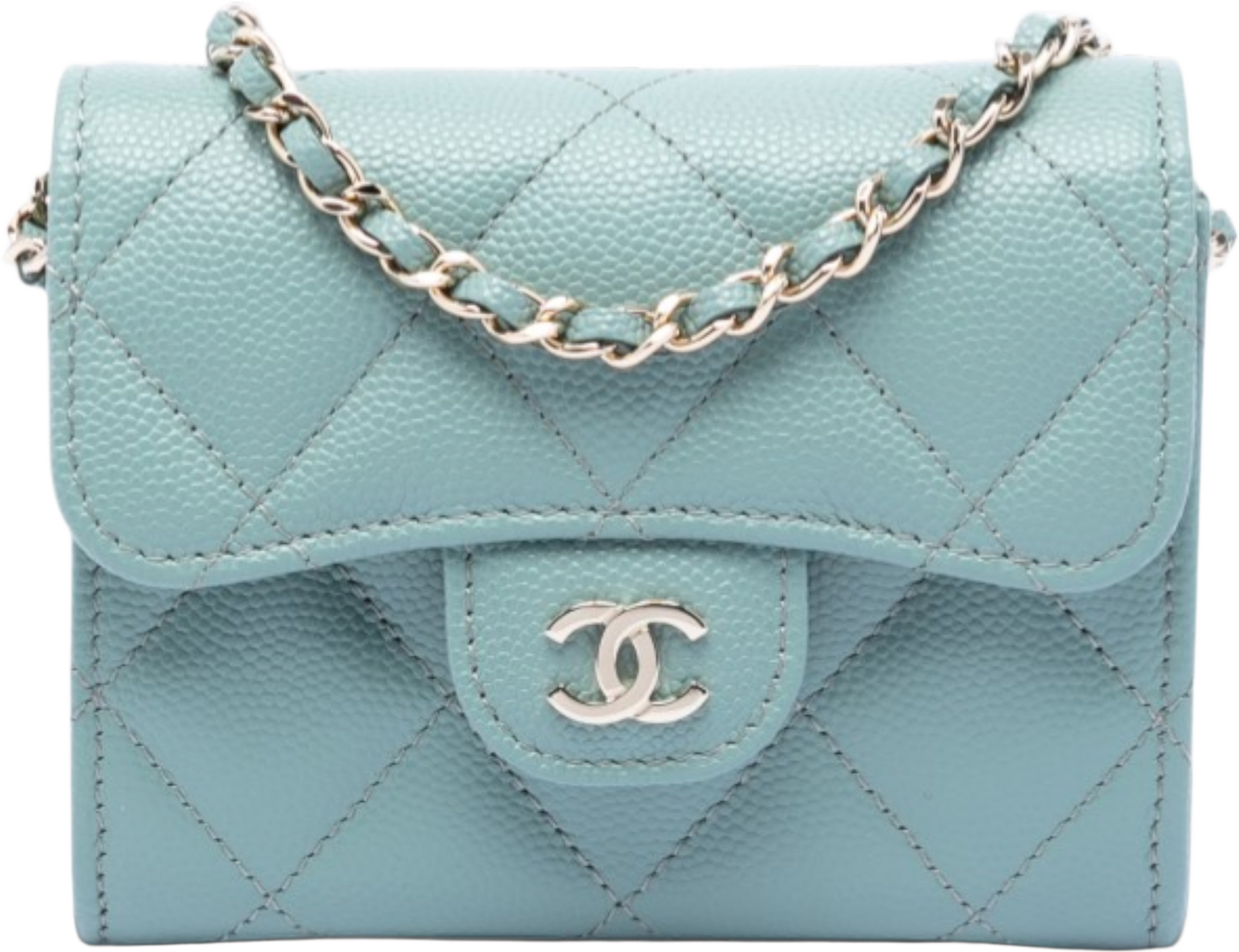 Chanel Cc Quilted Caviar Flap Card Holder On Chain, från Luxclusif, i färgen light blue. Klicka för att öppna bilden i stort format