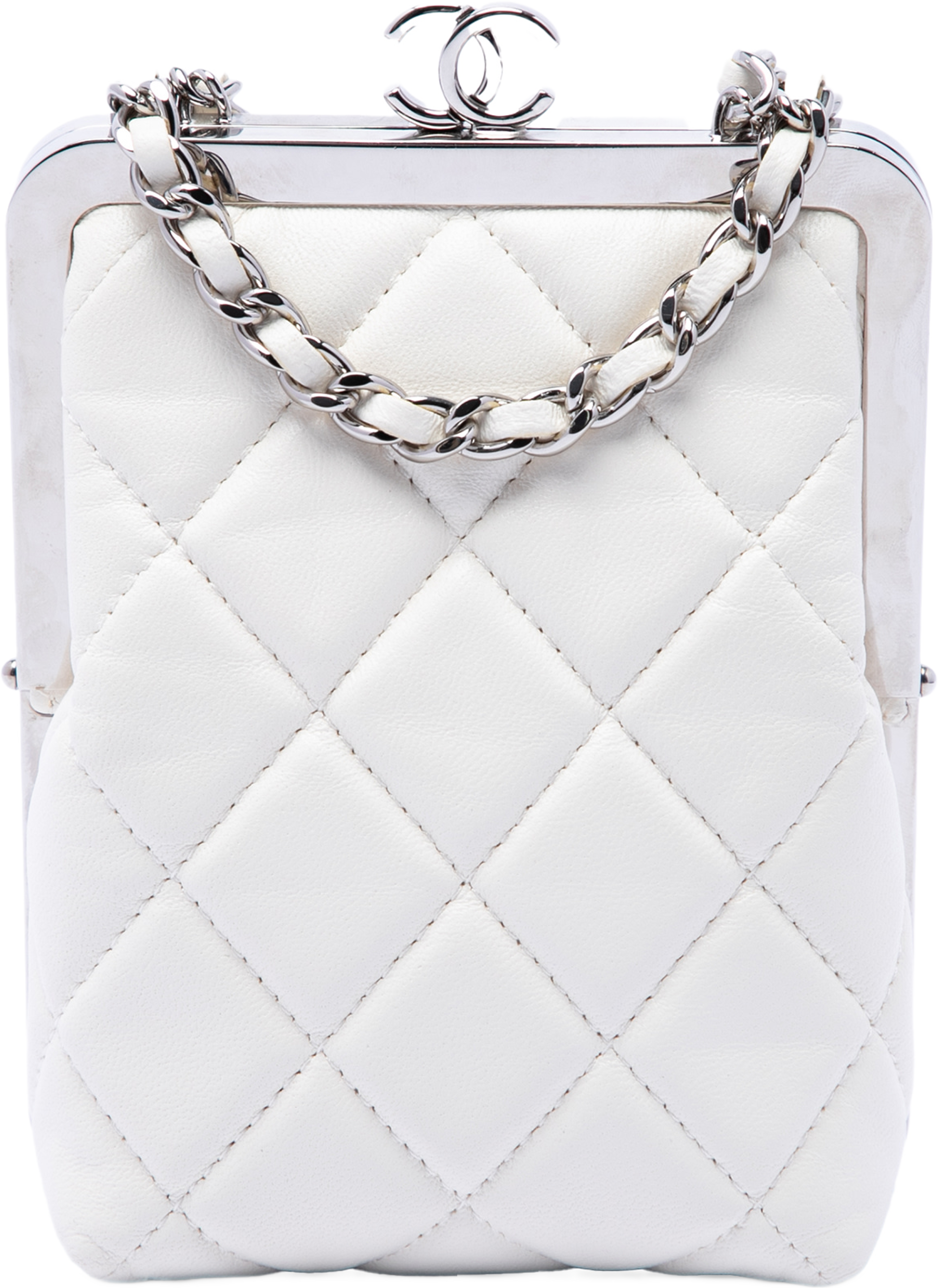 Chanel Cc Quilted Acrylic And Lambskin Evening Clutch With Chain, från Luxclusif, i färgen vit. Klicka för att öppna bilden i stort format