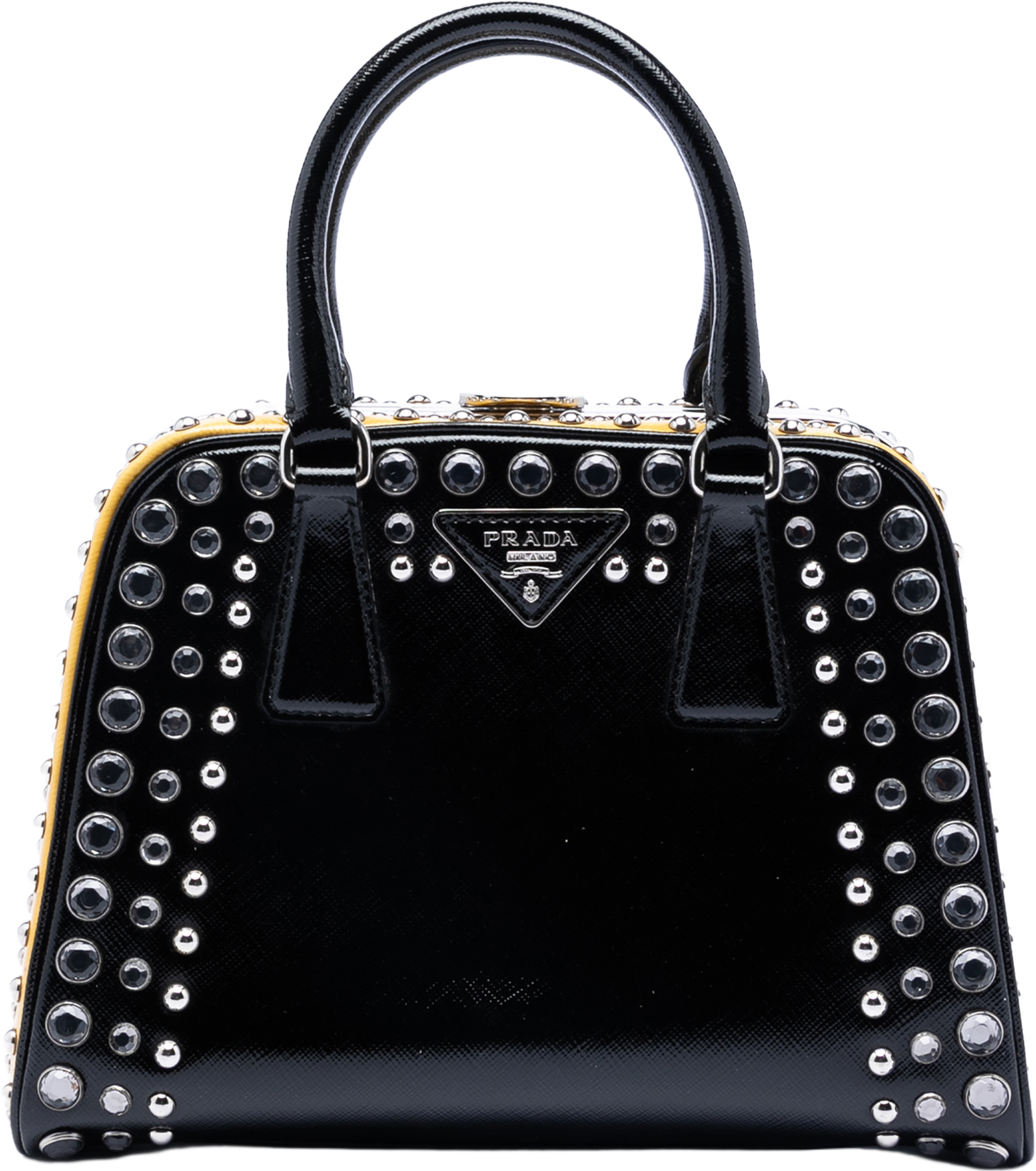 Prada Small Studded Saffiano Vernice Frame Top Handle Bag, från Luxclusif, i färgen black. Klicka för att öppna bilden i stort format