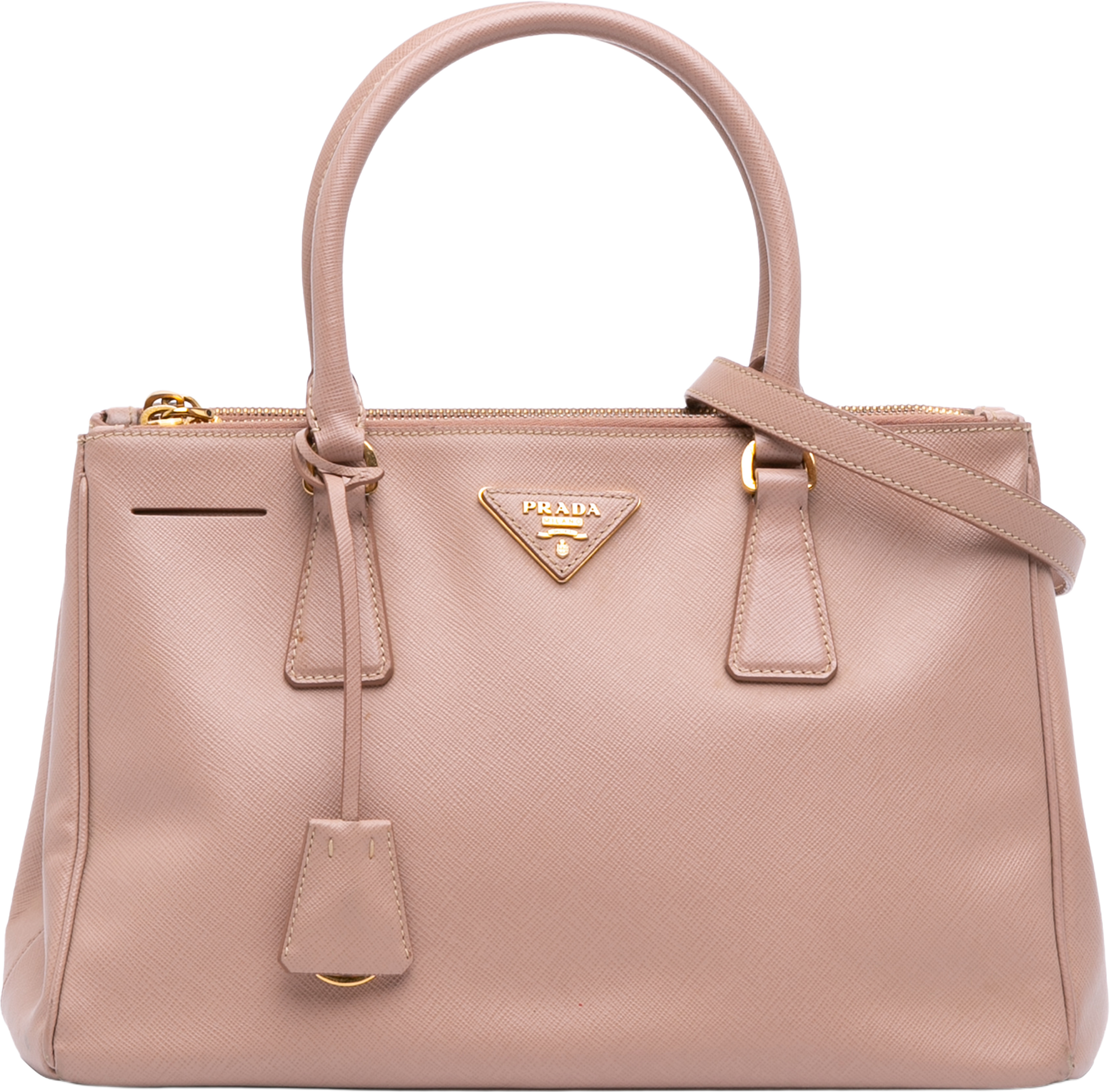 Prada Large Saffiano Lux Galleria Double Zip Satchel, från Luxclusif, i färgen pink. Klicka för att öppna bilden i stort format