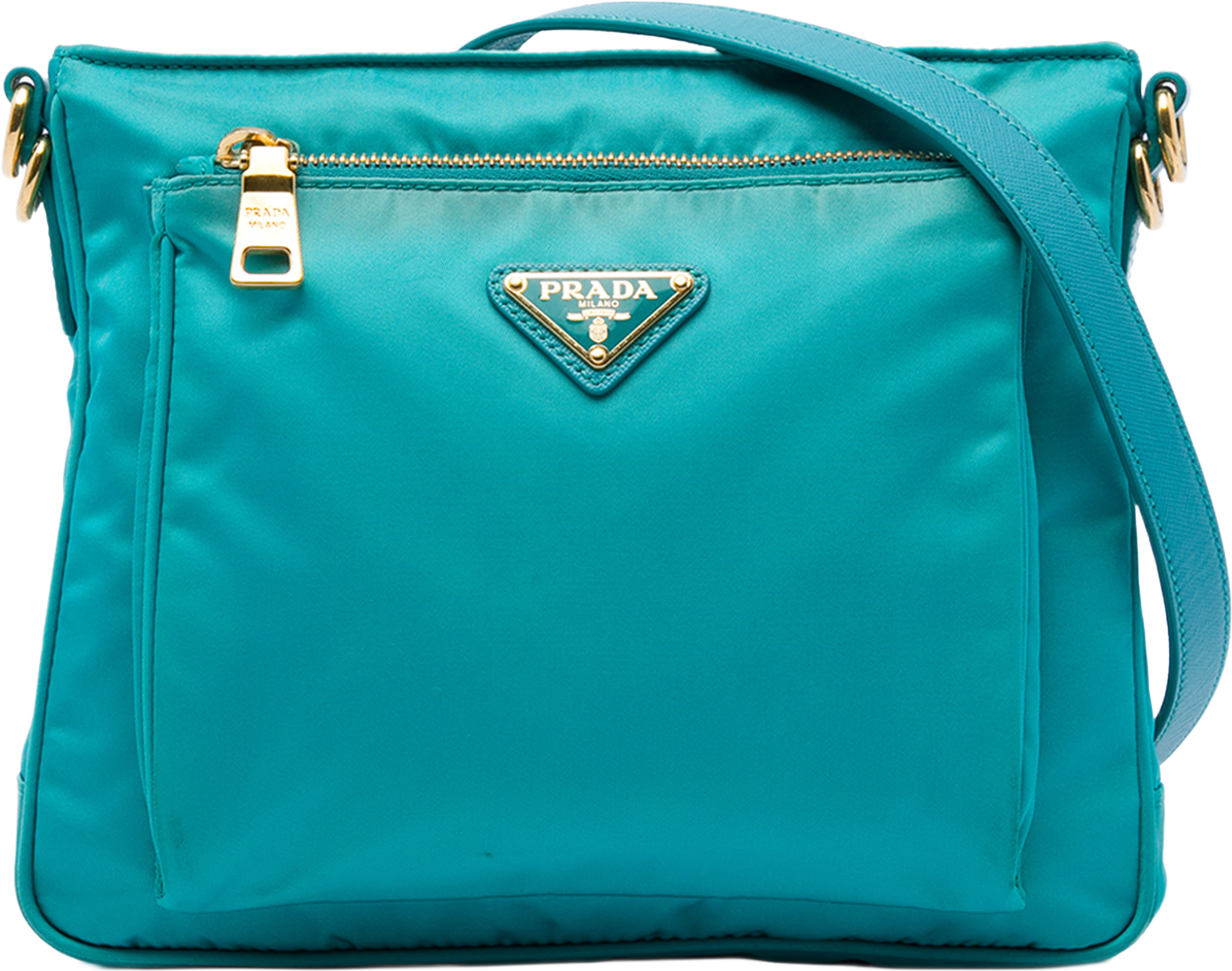 Prada Saffiano Trimmed Tessuto Zip Top Crossbody, från Luxclusif, i färgen blå. Klicka för att öppna bilden i stort format