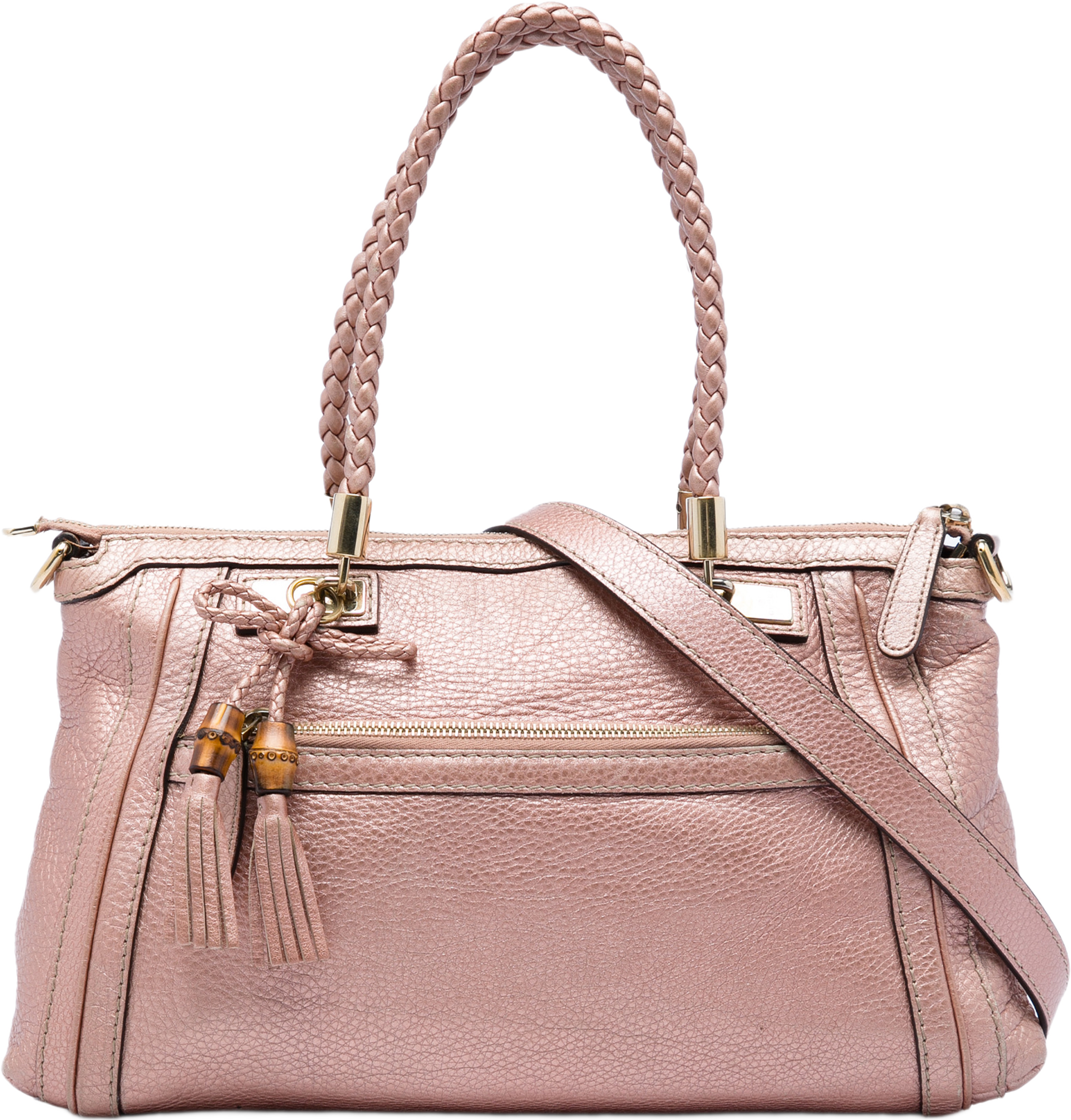 Gucci Metallic Pebbled Calfskin Bella Satchel, från Luxclusif, i färgen rosa. Klicka för att öppna bilden i stort format