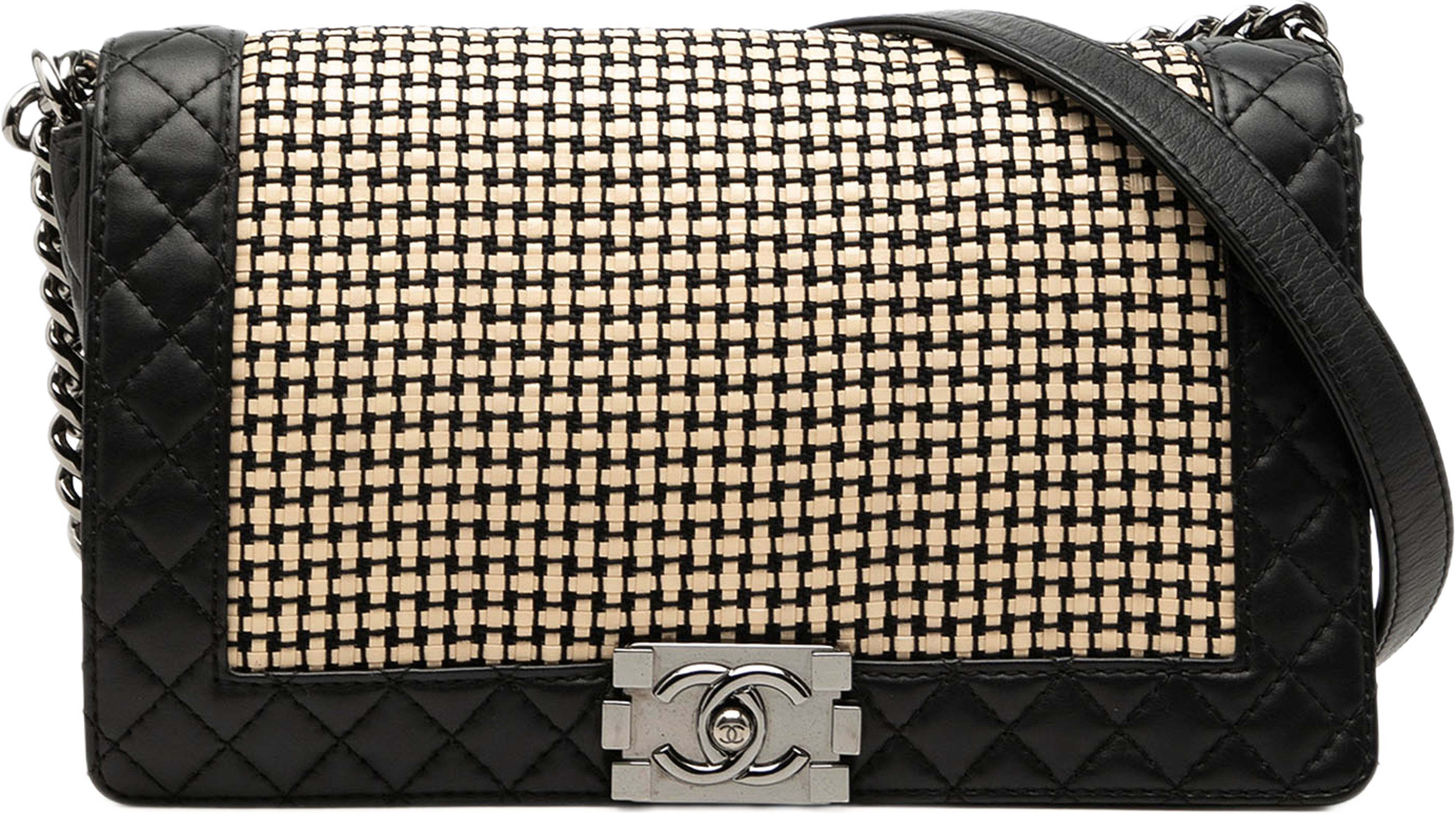 Chanel Medium Woven Calfskin Boy Reverso Flap, från Luxclusif, i färgen svart. Klicka för att öppna bilden i stort format
