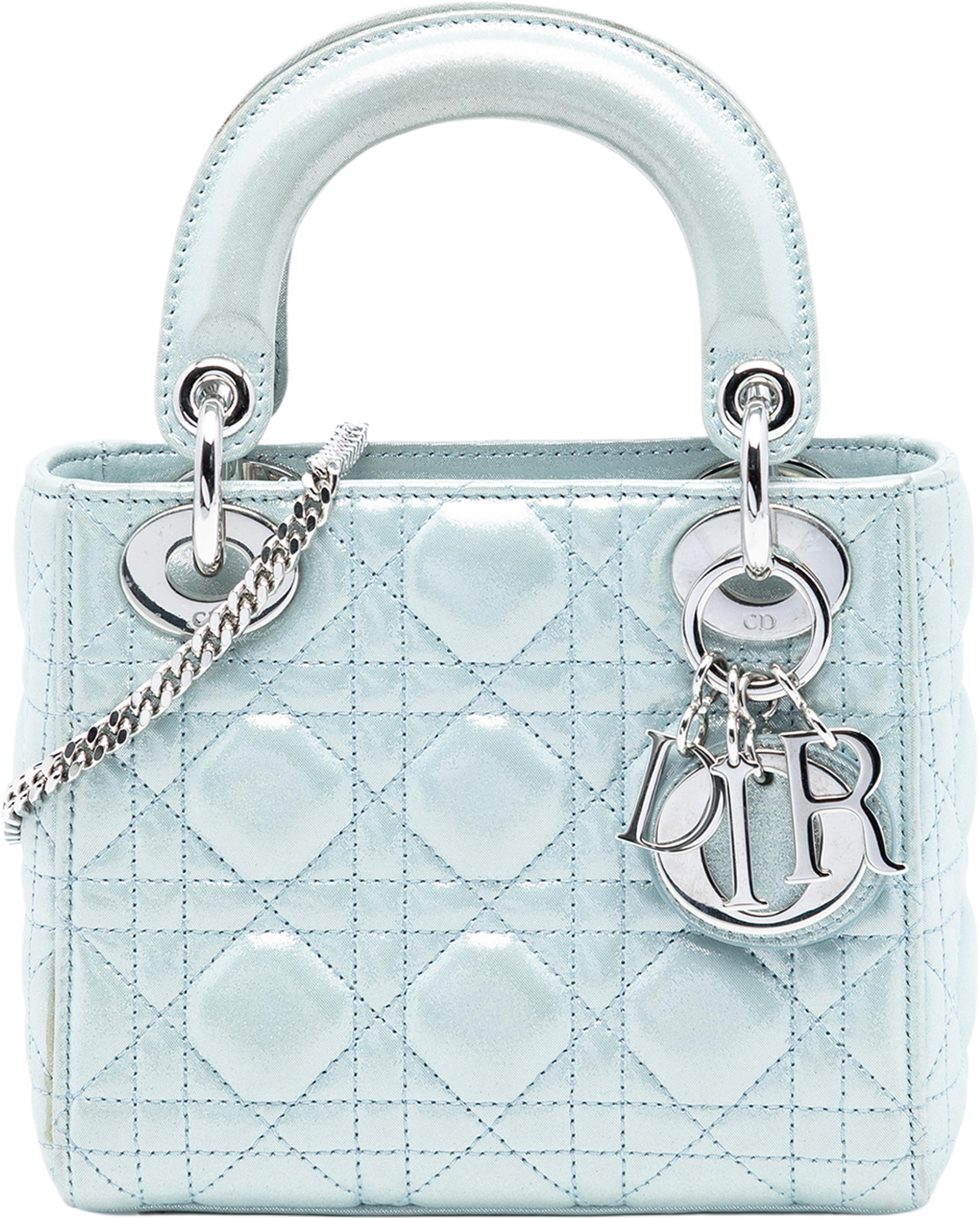 Dior Mini Iridescent Lambskin Cannage Lady Dior, från Luxclusif, i färgen light blue. Klicka för att öppna bilden i stort format