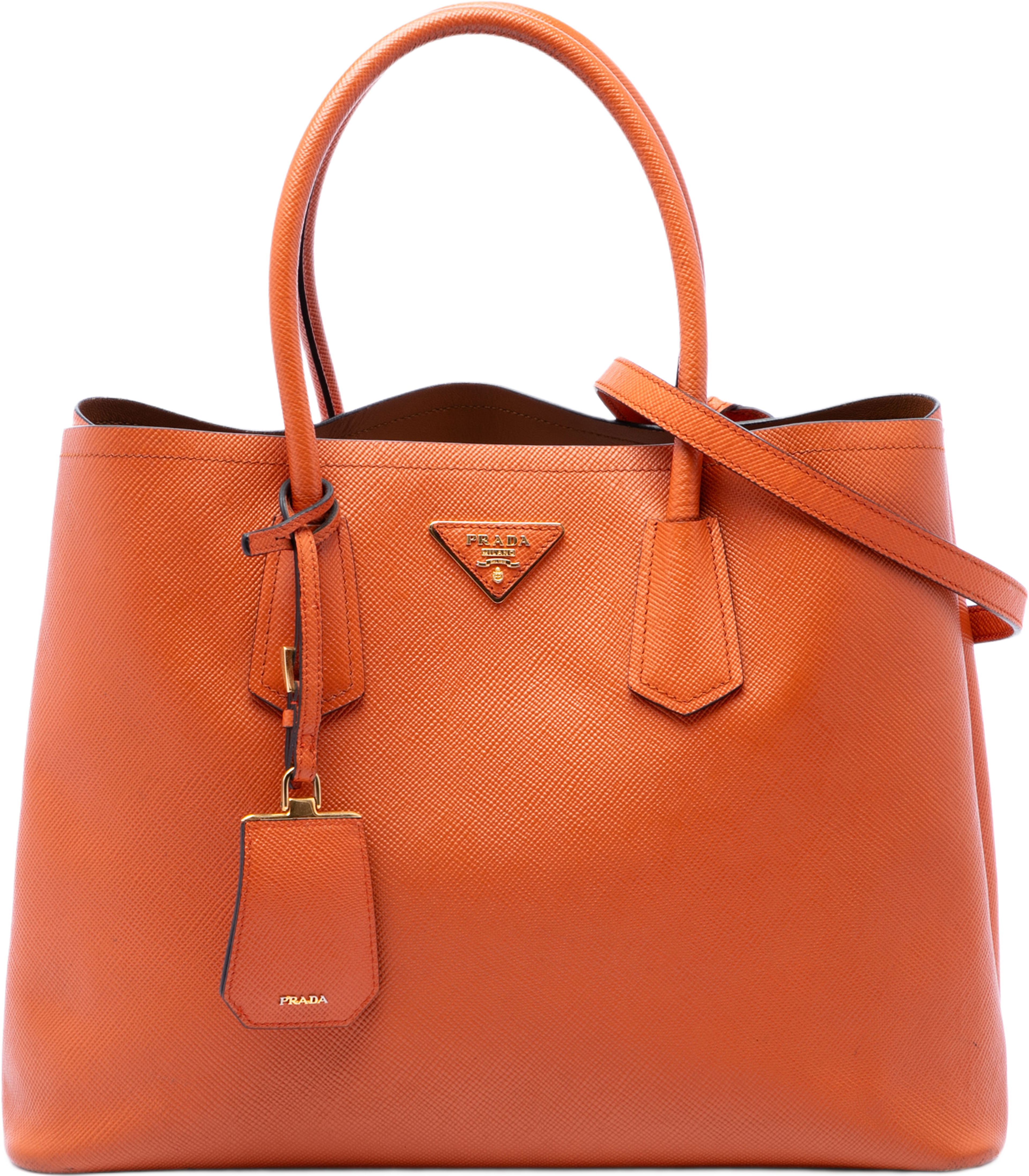 Prada Medium Saffiano Cuir Double Handle Satchel, från Luxclusif, i färgen orange. Klicka för att öppna bilden i stort format