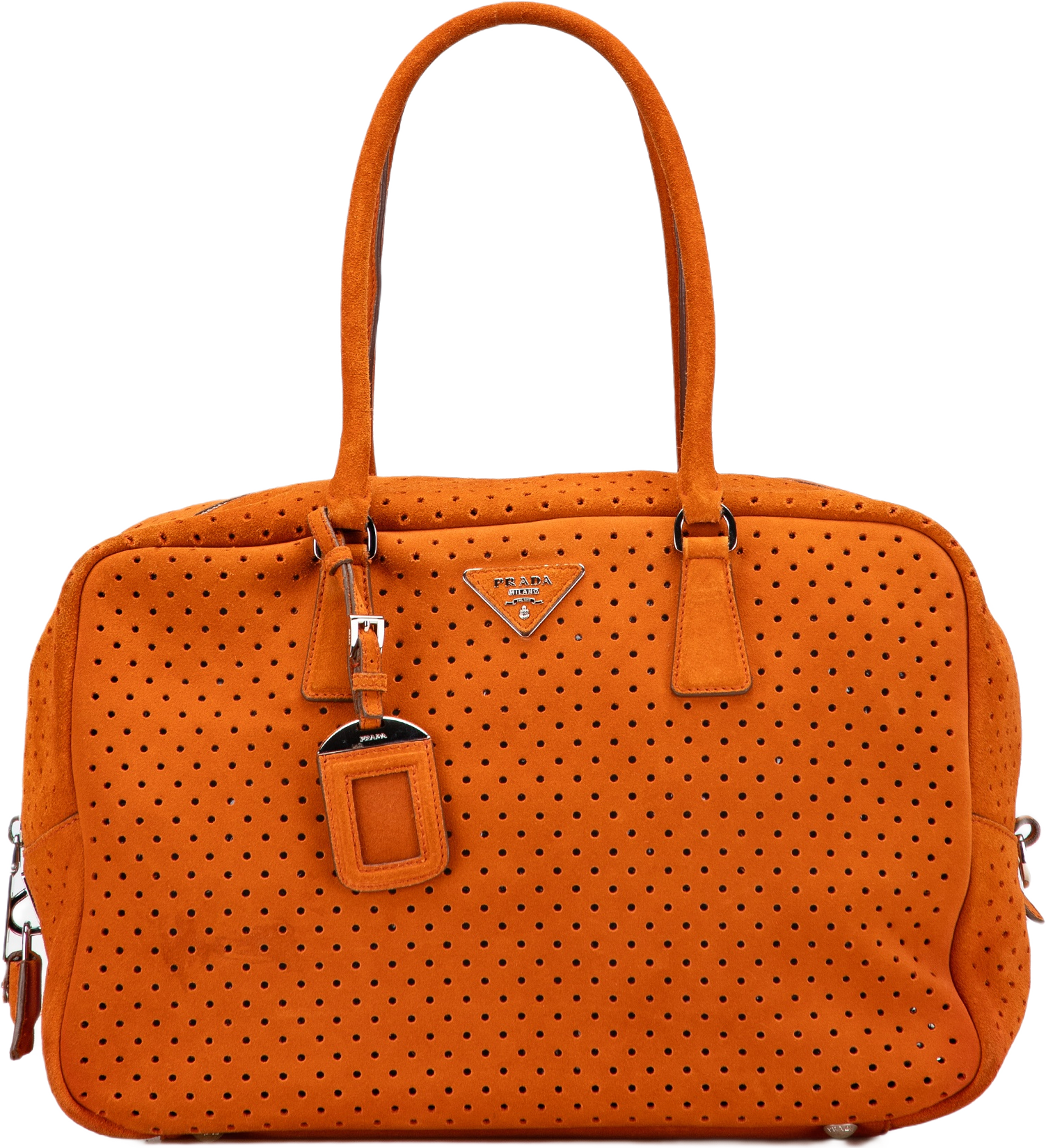 Prada Scamosciato Perforated Bauletto, från Luxclusif, i färgen orange.