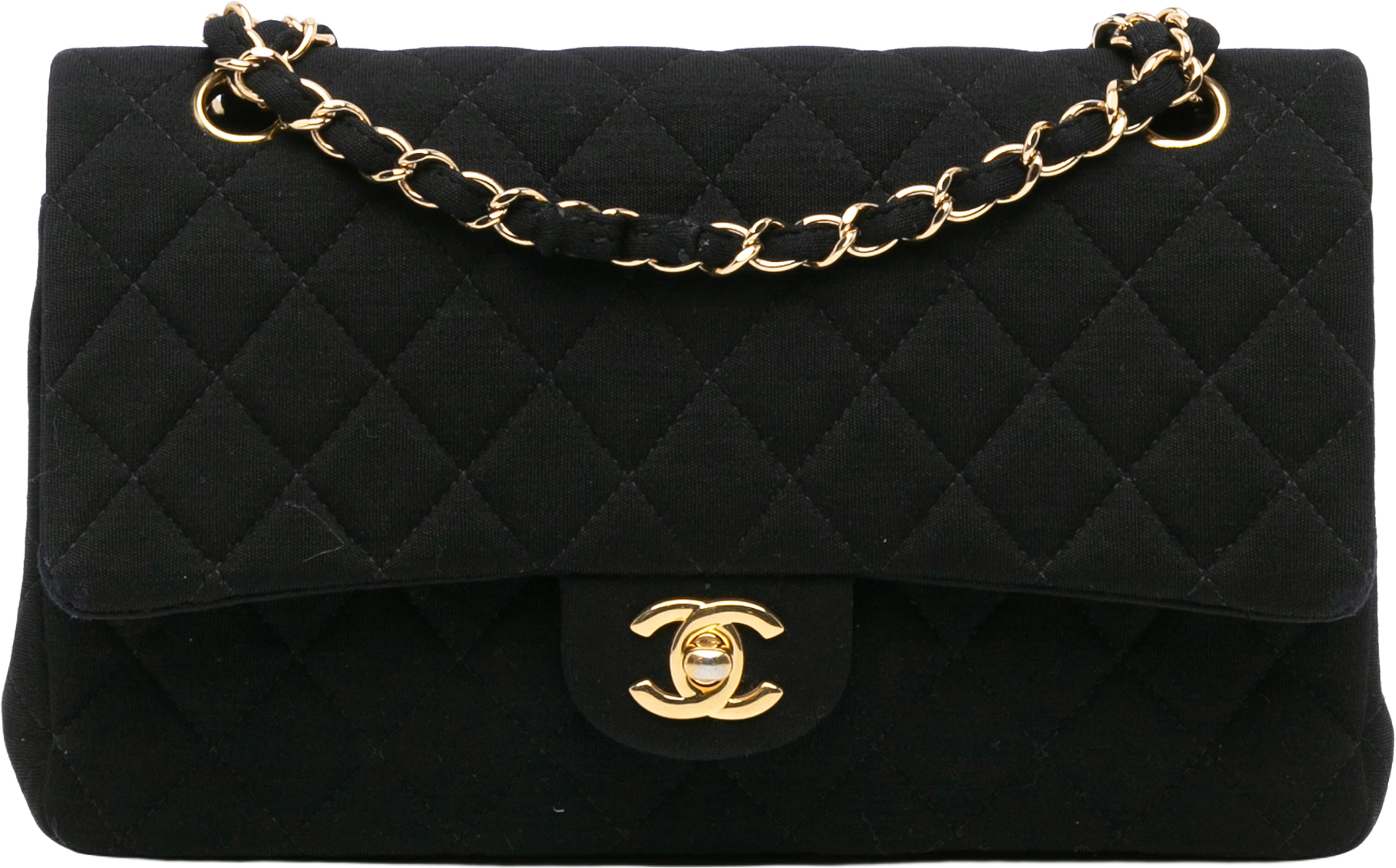 Chanel Medium Classic Jersey Double Flap, från Luxclusif, i färgen black. Klicka för att öppna bilden i stort format