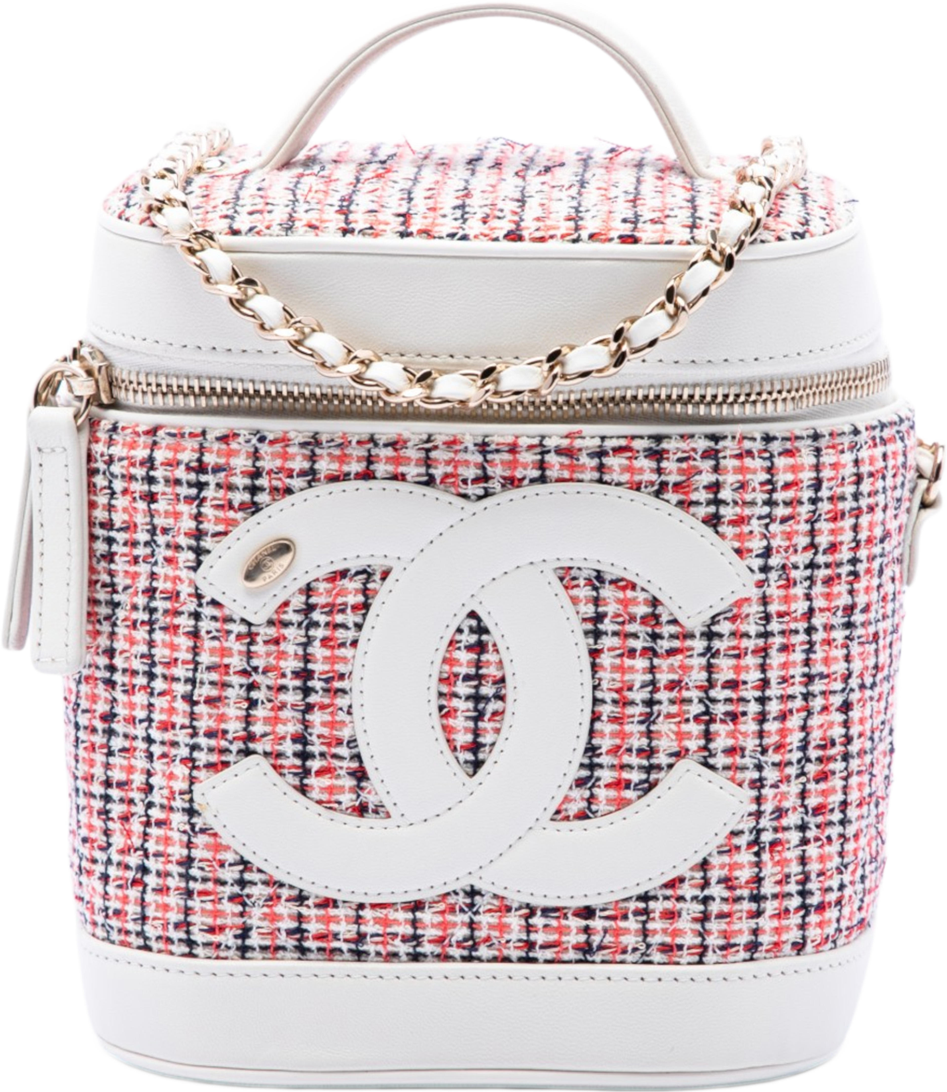 Chanel Tweed And Lambskin Vanity Cosmetic Case, från Luxclusif, i färgen vit. Klicka för att öppna bilden i stort format