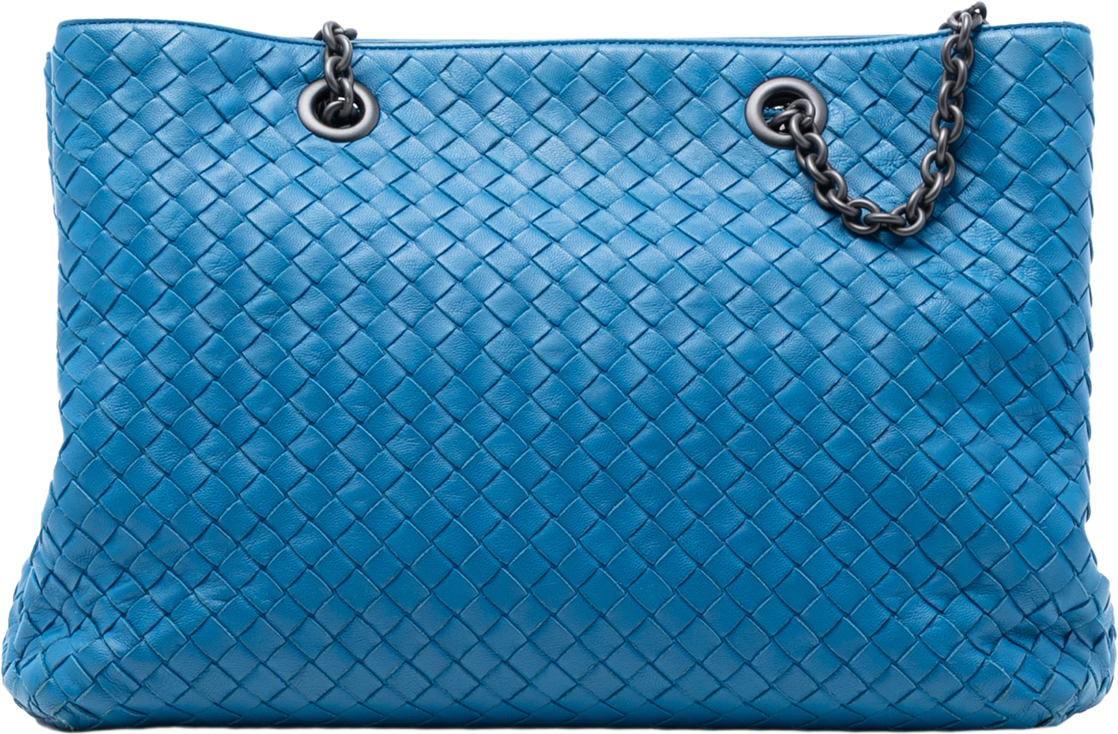 Bottega Veneta Medium Nappa Intrecciato Double Chain Tote, från Luxclusif, i färgen aqua. Klicka för att öppna bilden i stort format